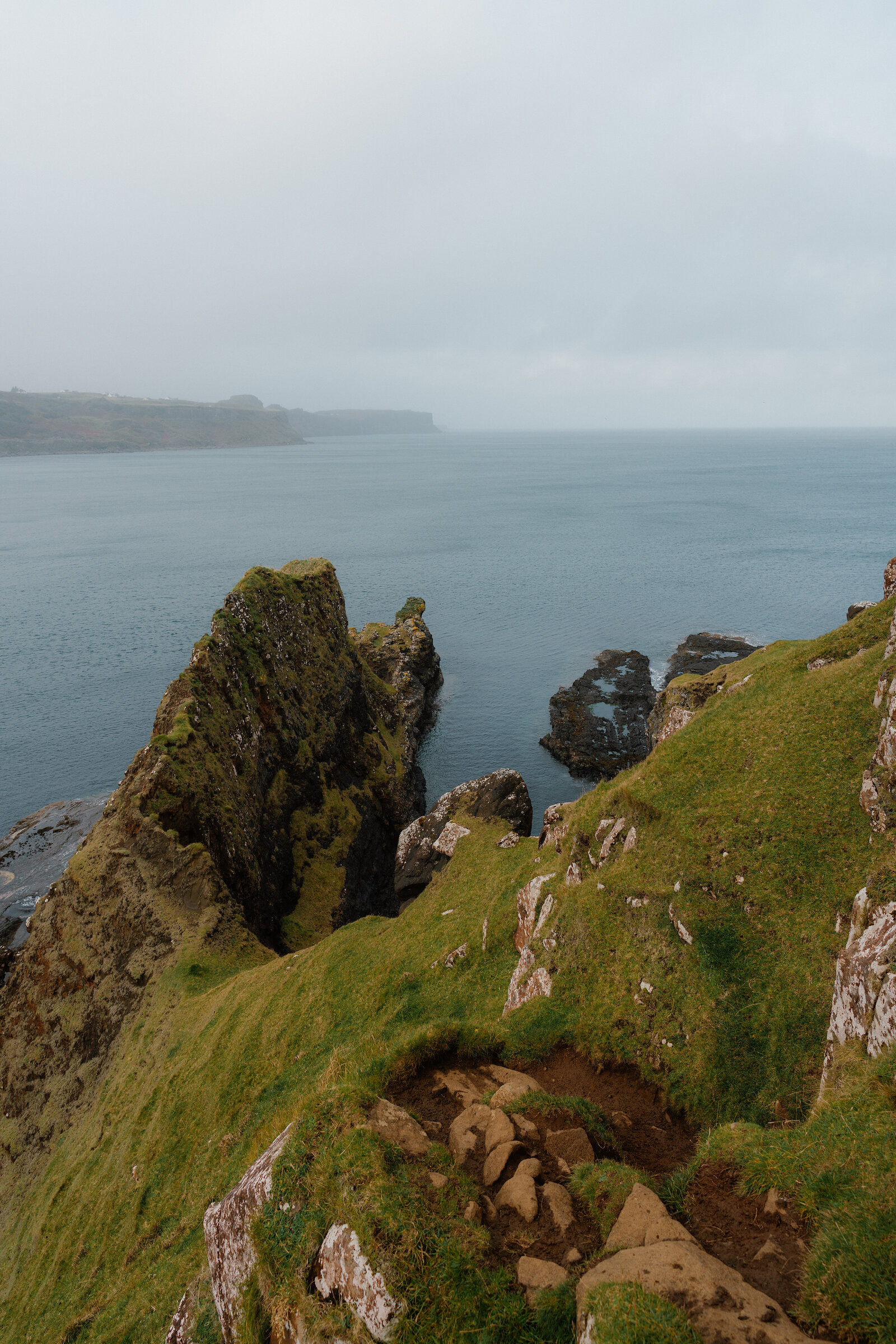 A jagged rock stack rises from the sea beside a mossy grassy cliff edge.
