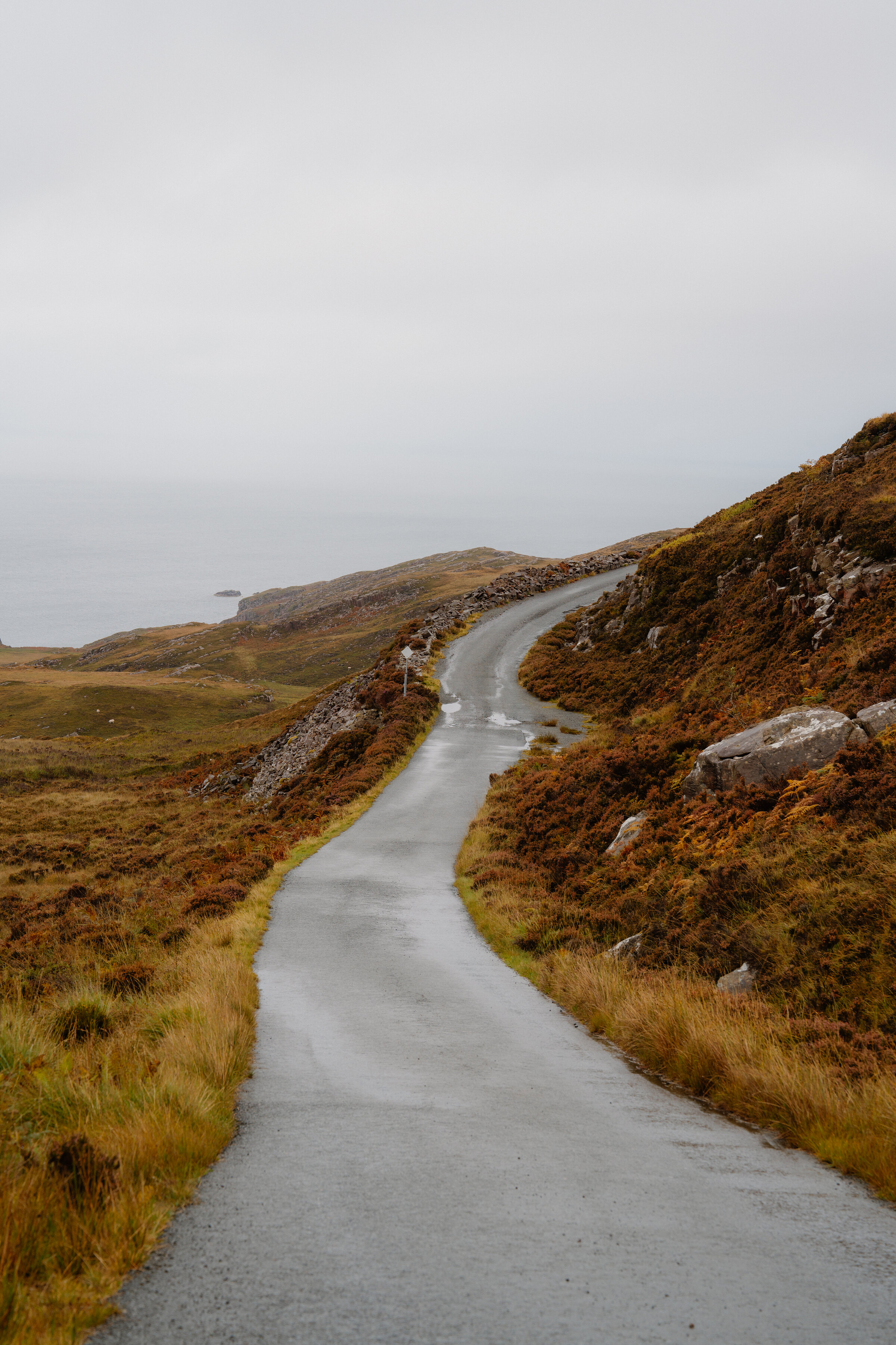 A single-track road curves along a cliffside above the sea.