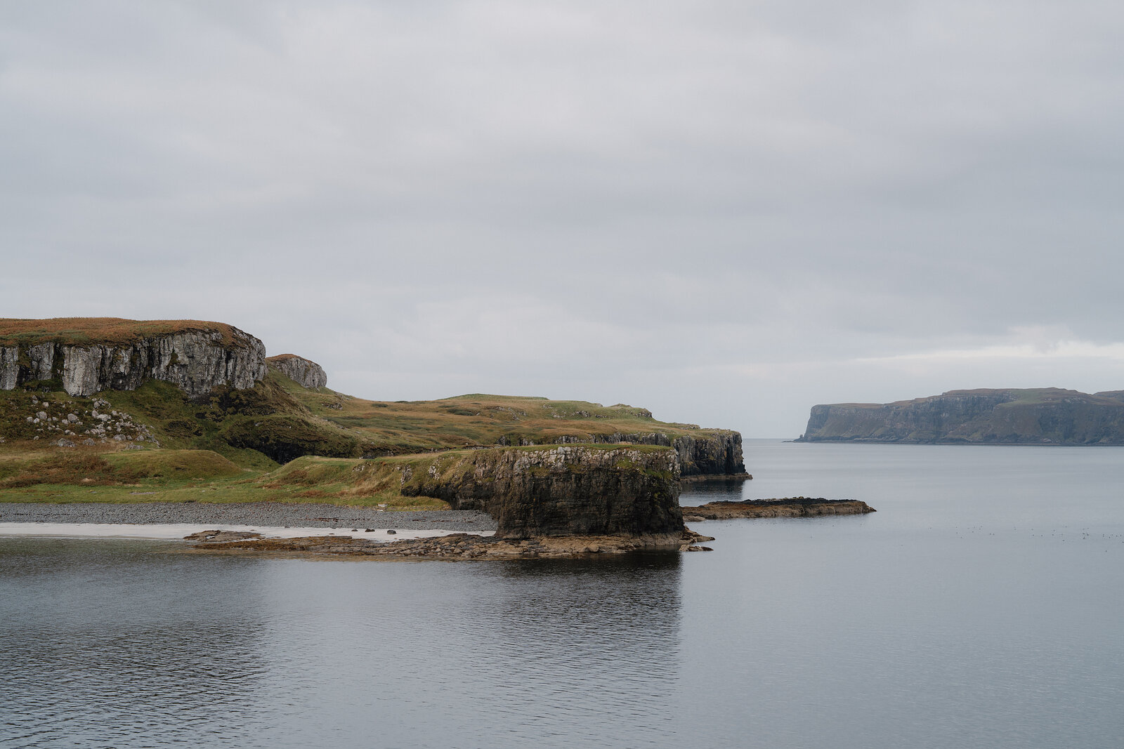 Low cliffs and green ground above a pale strip of shore across the calm loch, more cliffs far off.