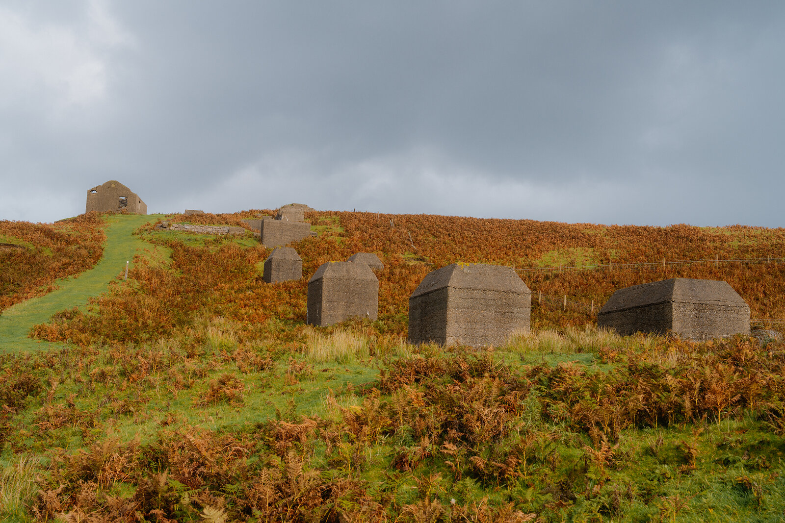 Autumn ferns surround scattered concrete kiln ruins on a Skye hillside.