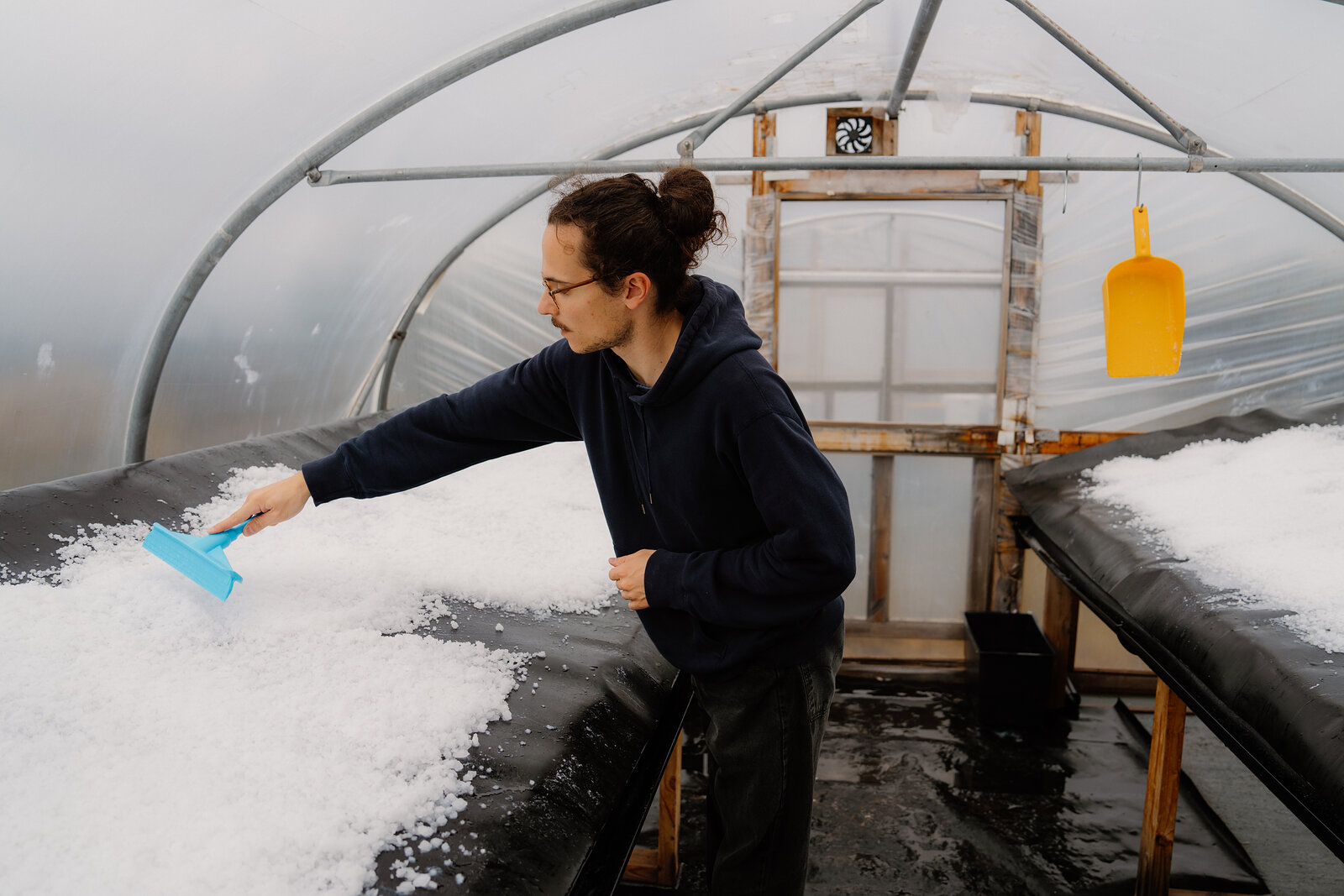 A man scrapes salt crystals into a pile with a blue tool inside a polytunnel at the Isle of Skye Sea Salt Company.