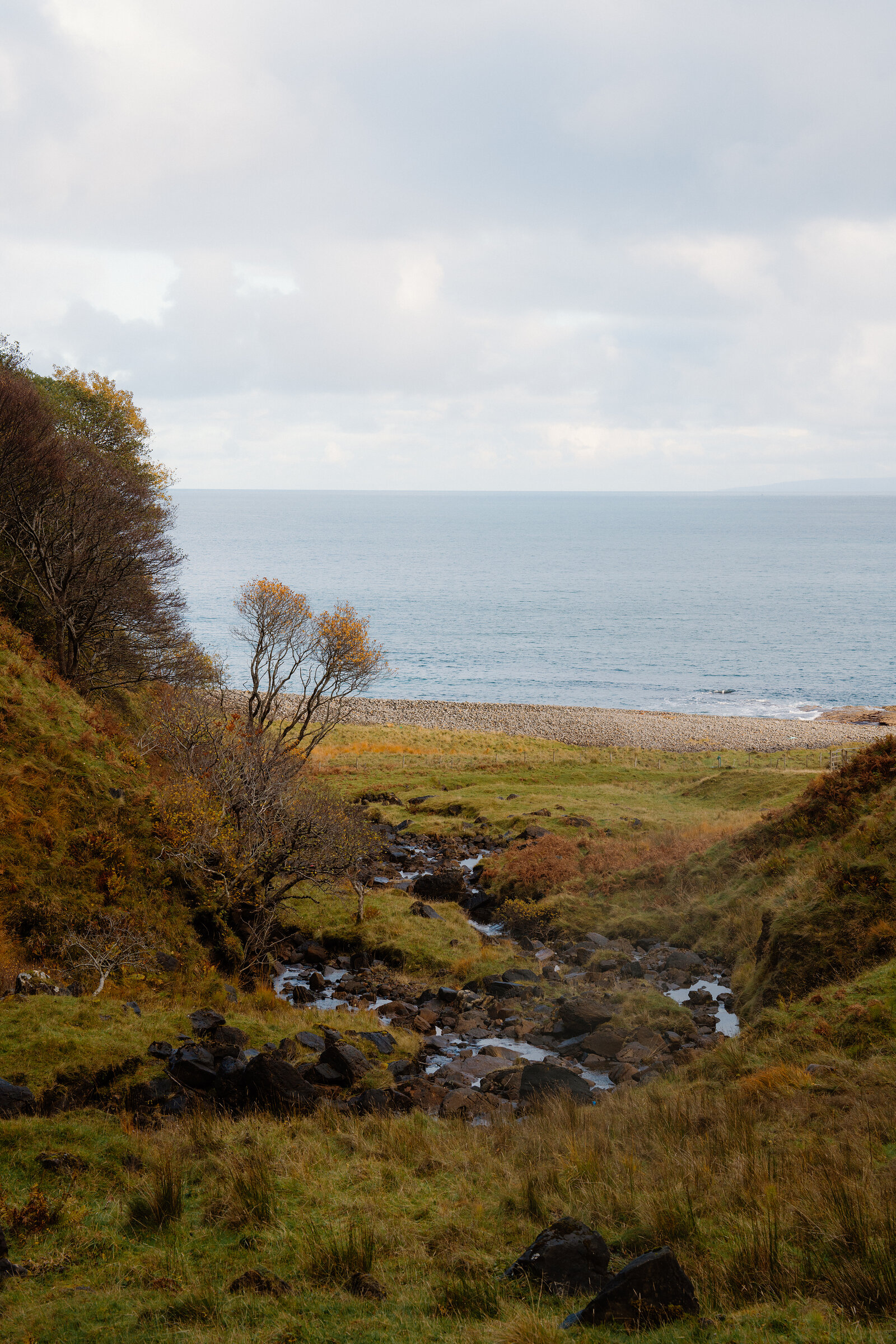 A stream tumbling down a mossy gully towards a pebble beach and the sea, autumn colour on the trees