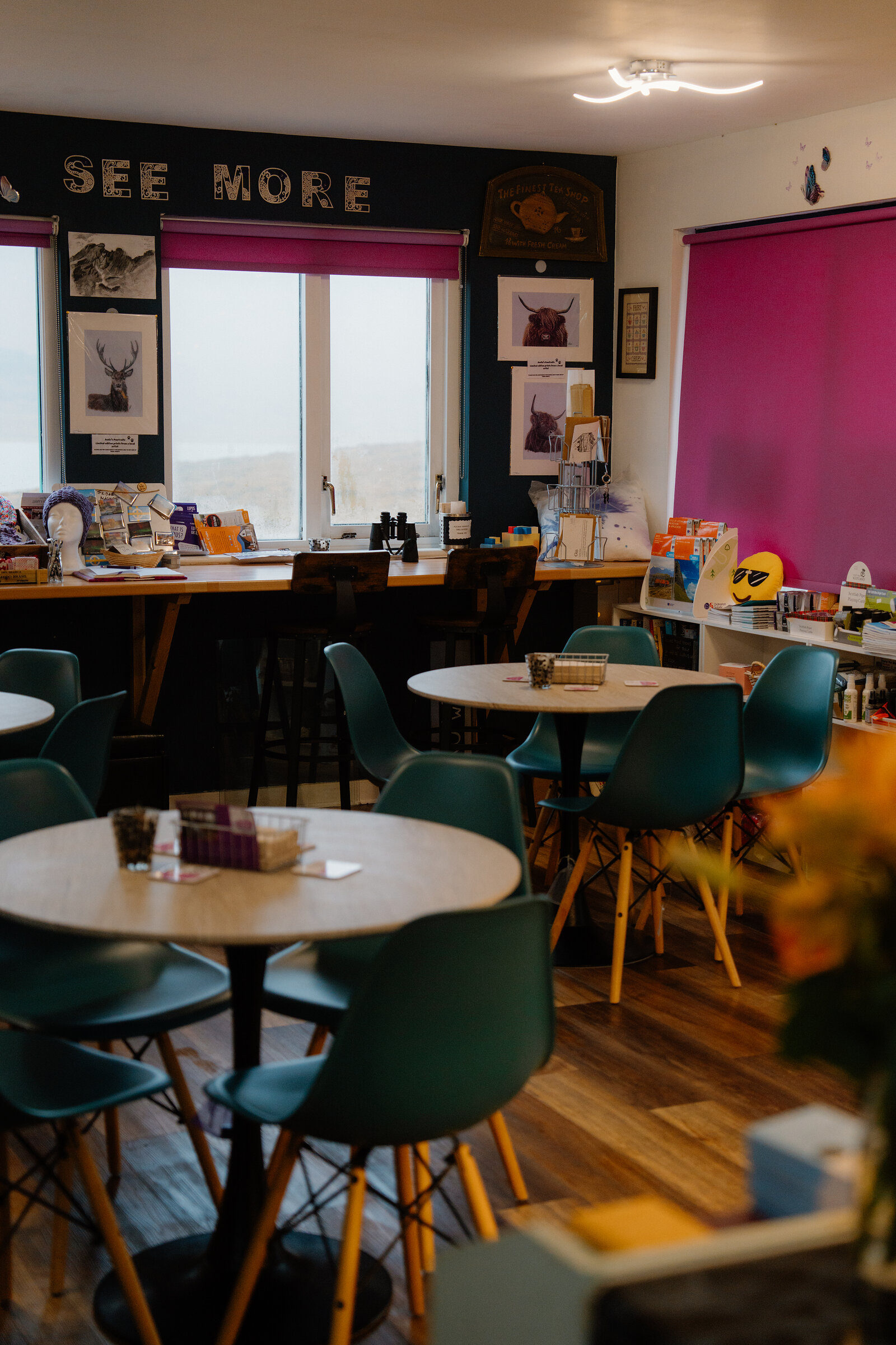 Teal chairs and round tables fill Amy's Place Tea Room beneath framed stag prints, a wall painted with the words 'See More'.