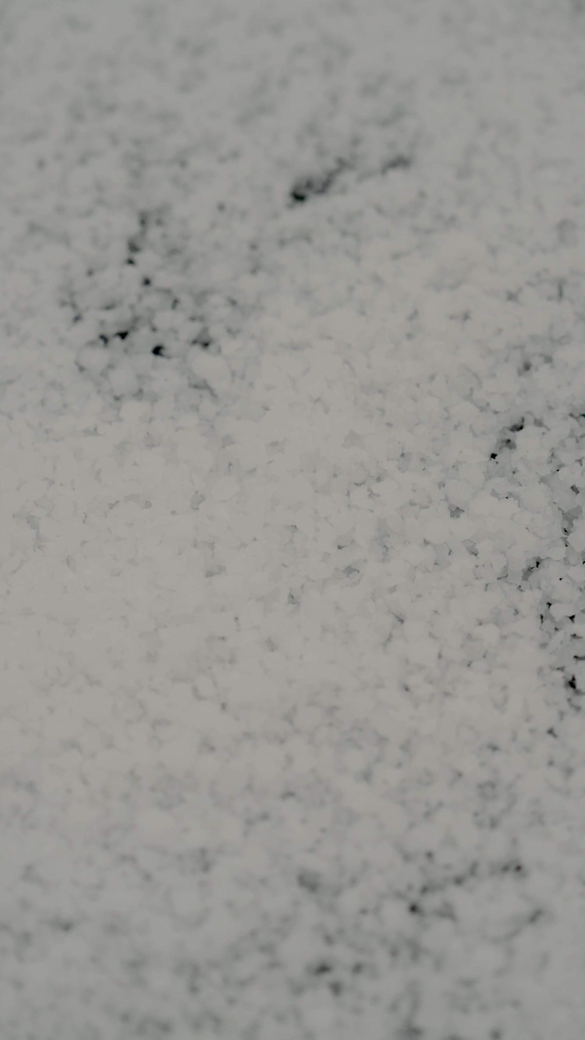 A close view shows coarse white salt crystals scattered across a pale surface.