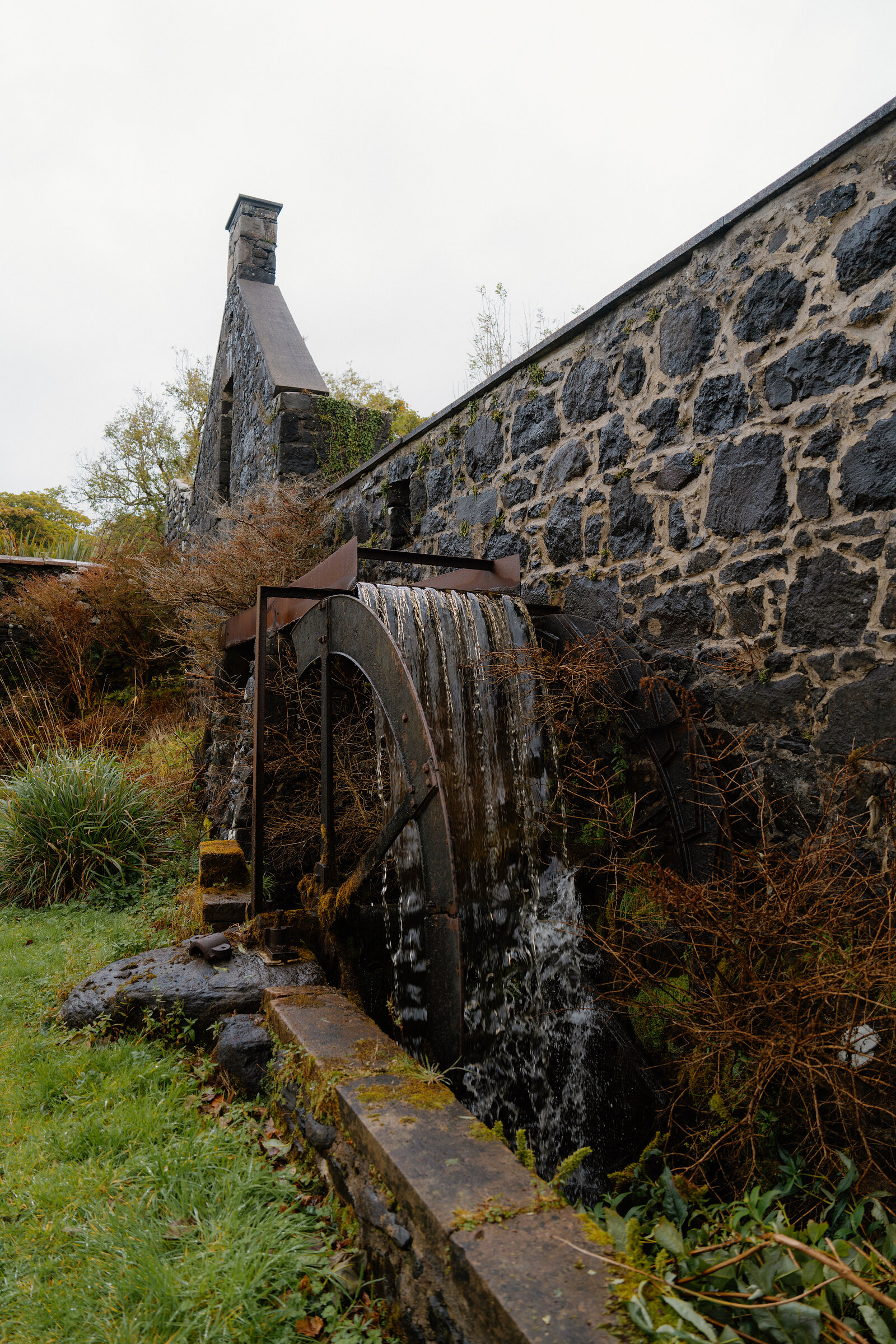 A rusted water wheel turning against a stone mill wall, autumn foliage growing along its base