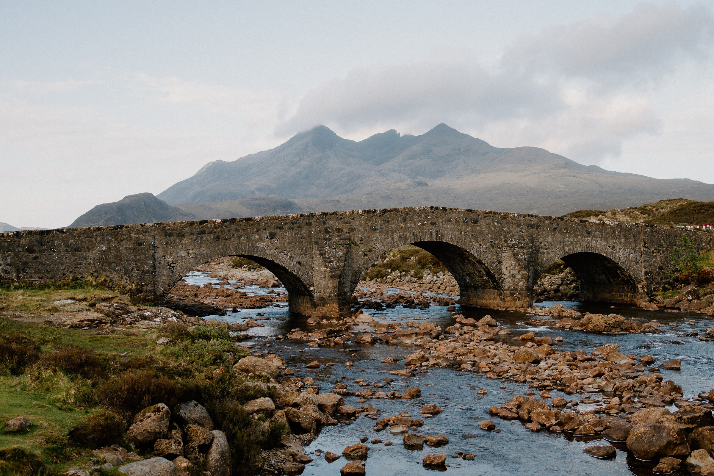 The old bridge at Sligachan, with the Cuillin rising behind.