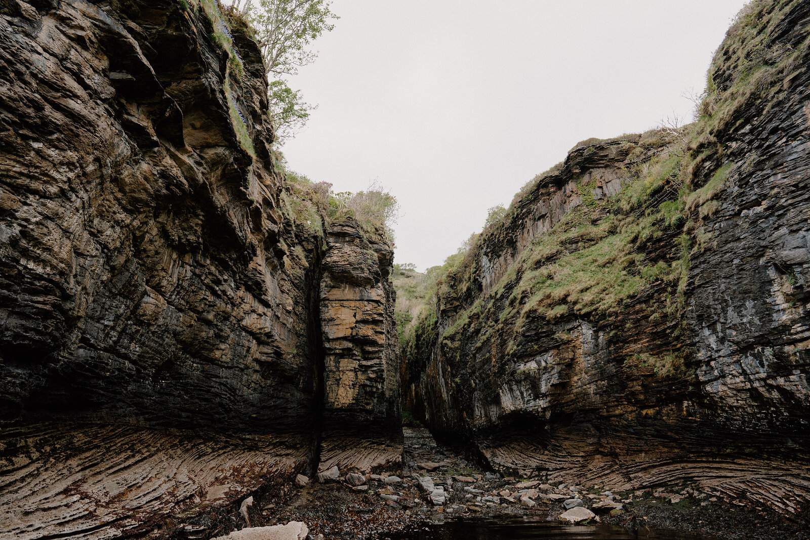 A narrow gorge cuts through layered sandstone walls, with moss and ferns along the rim and a stony streambed leading through it under an overcast sky.