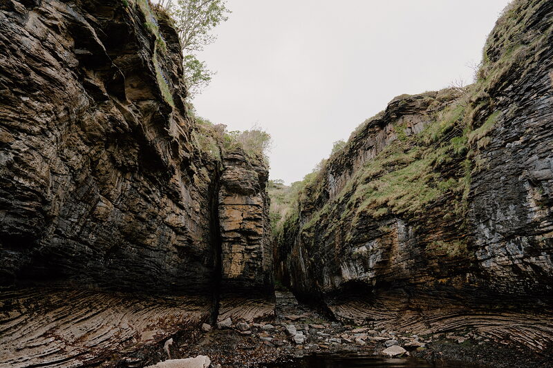 A narrow gorge cuts through layered sandstone walls, with moss and ferns along the rim and a stony streambed leading through it under an overcast sky.