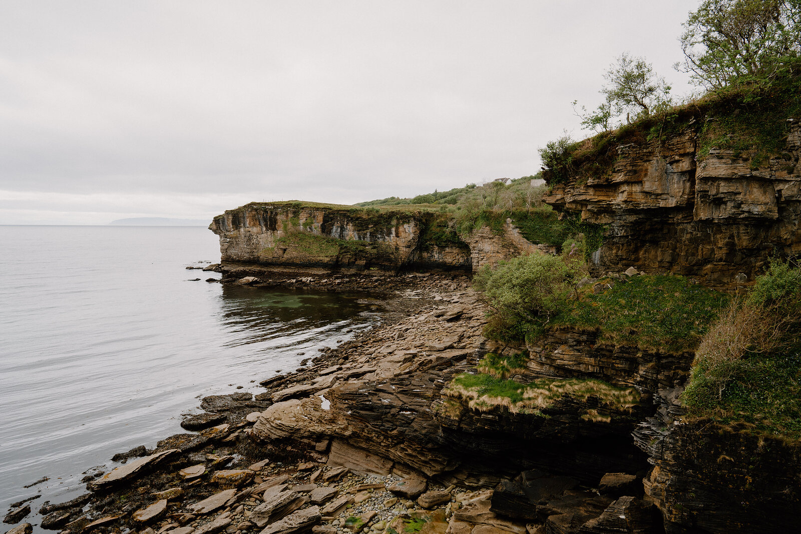 A rocky headland with layered strata rises above the sea, trees lining its clifftop above a pebble shore.