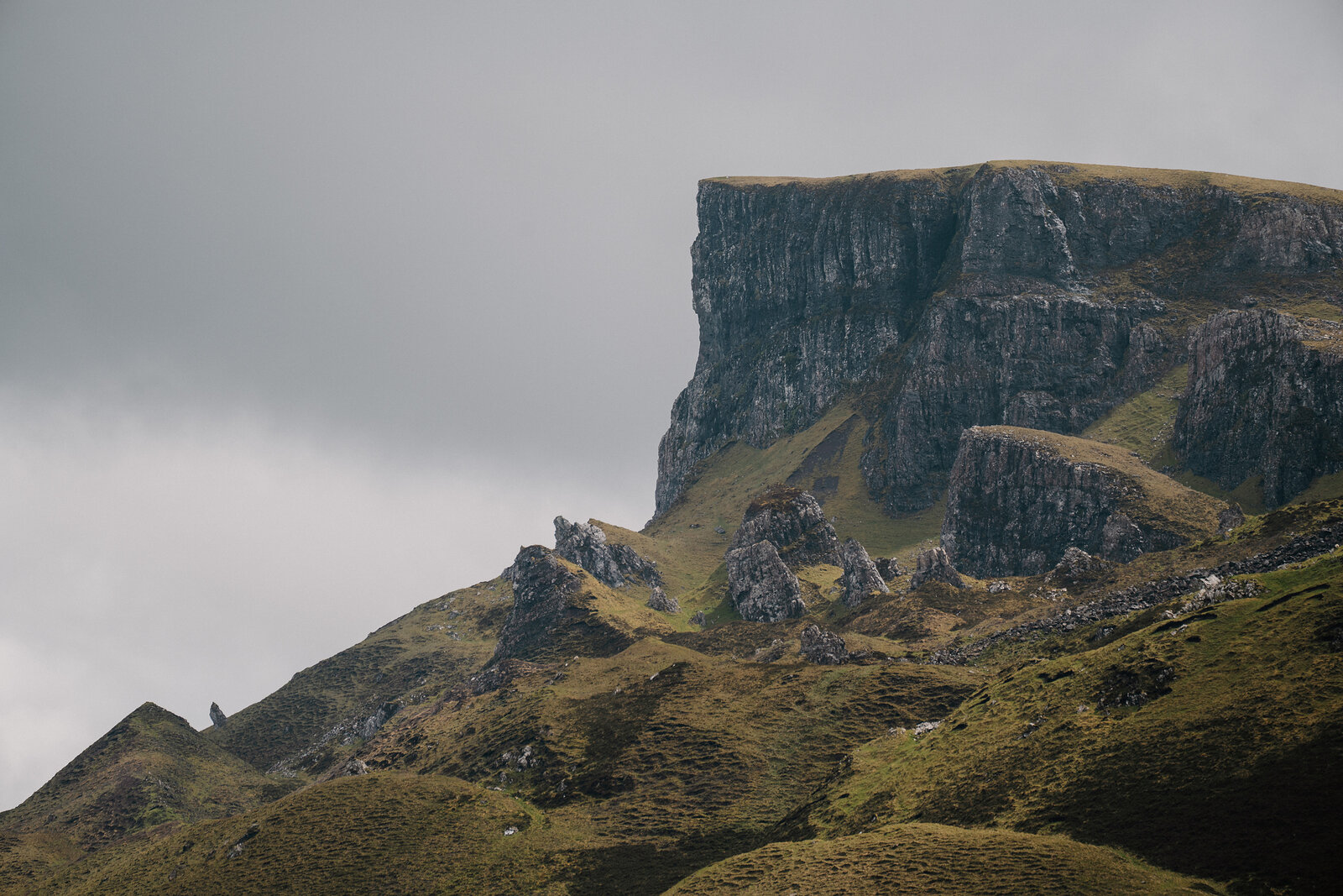Steep basalt cliffs of the Quiraing tower over a landslipped hillside of grass and scattered rock.