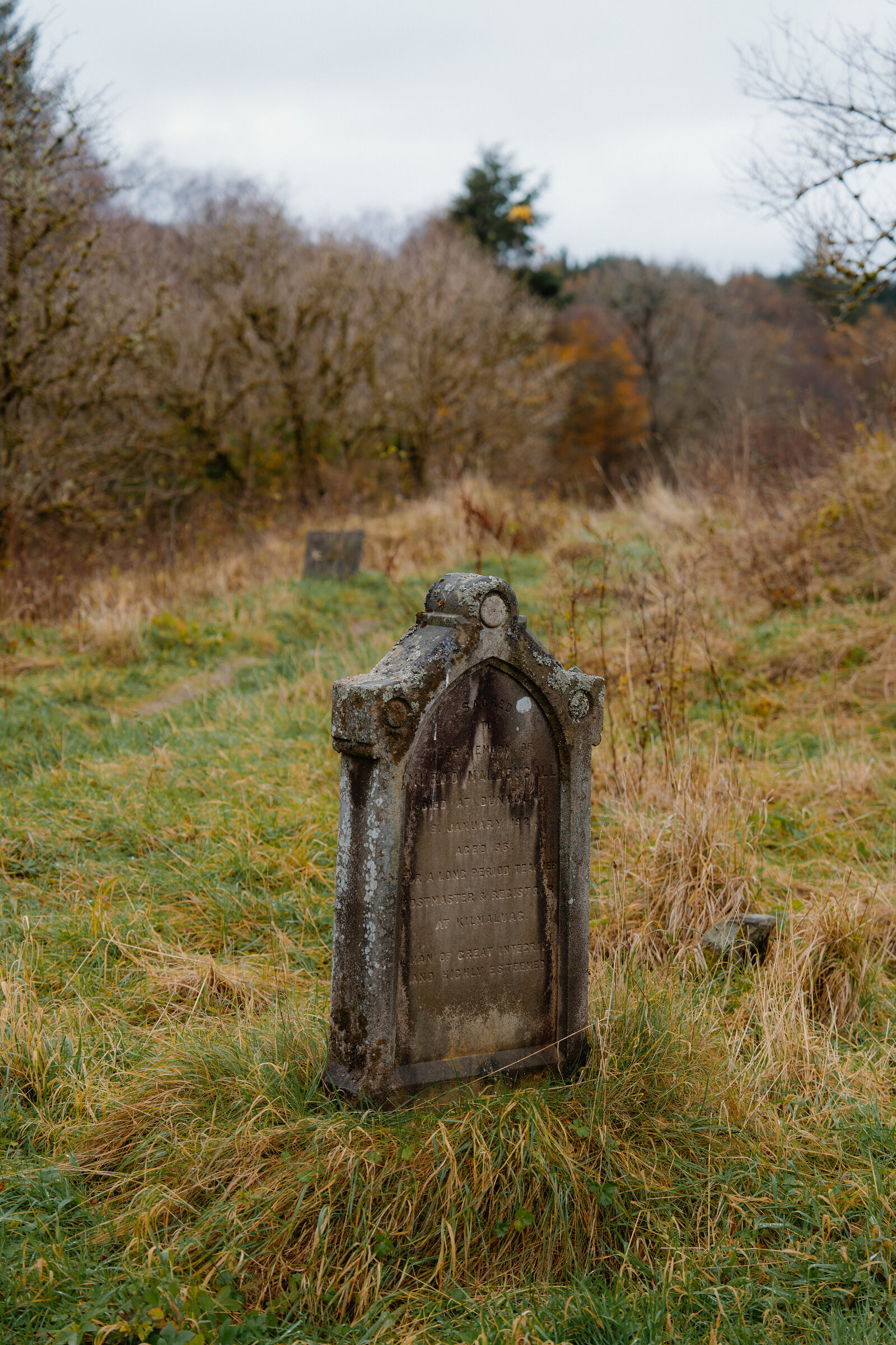 A weathered gravestone with a pointed Gothic top stands in rough grass at St Columba's Island, its inscription worn by lichen.