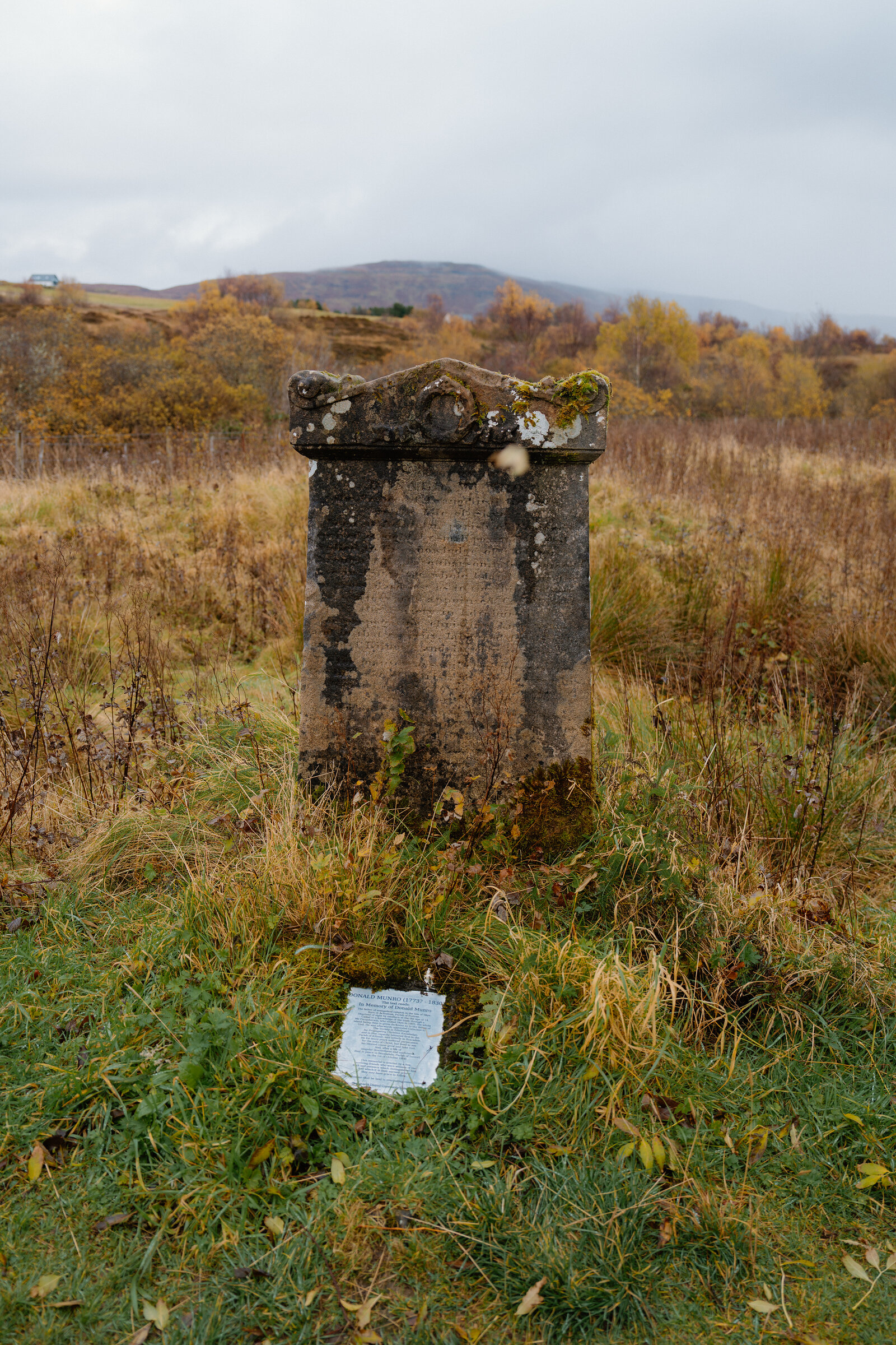 A weathered gravestone with worn carving and a small metal plaque at its base stands in rough grass at St Columba's Island, hills visible beyond.