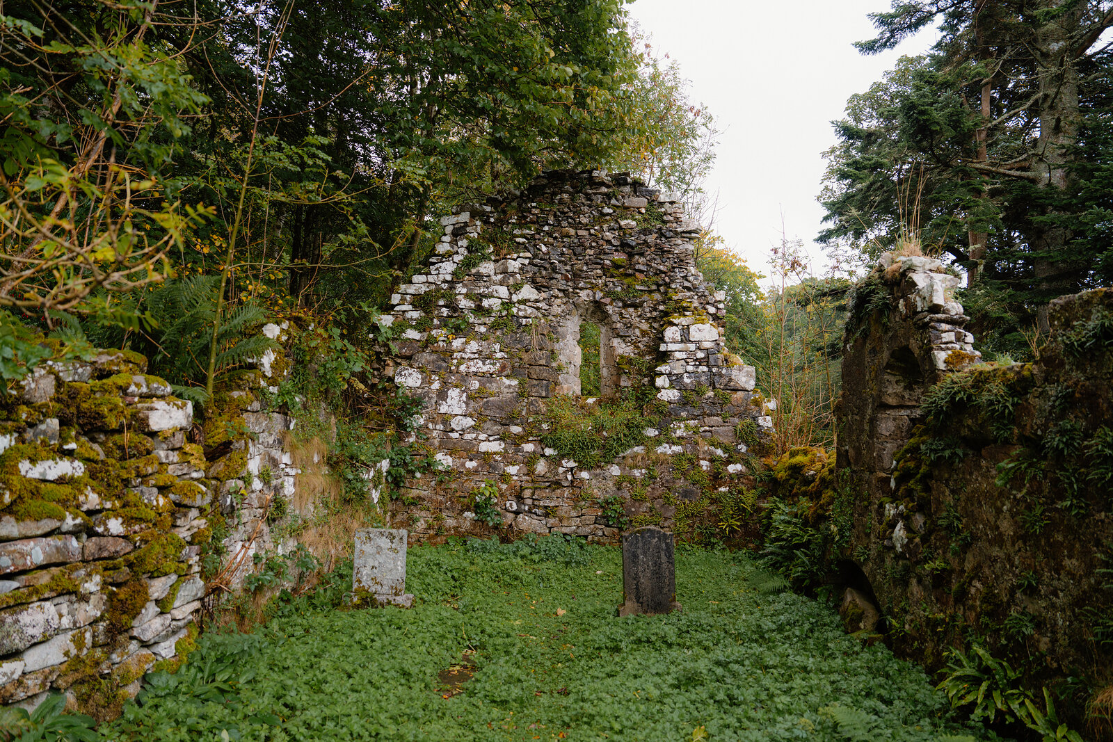 A gap in the chapel wall at St Moluag's opening onto a grassy path lined with gravestones.