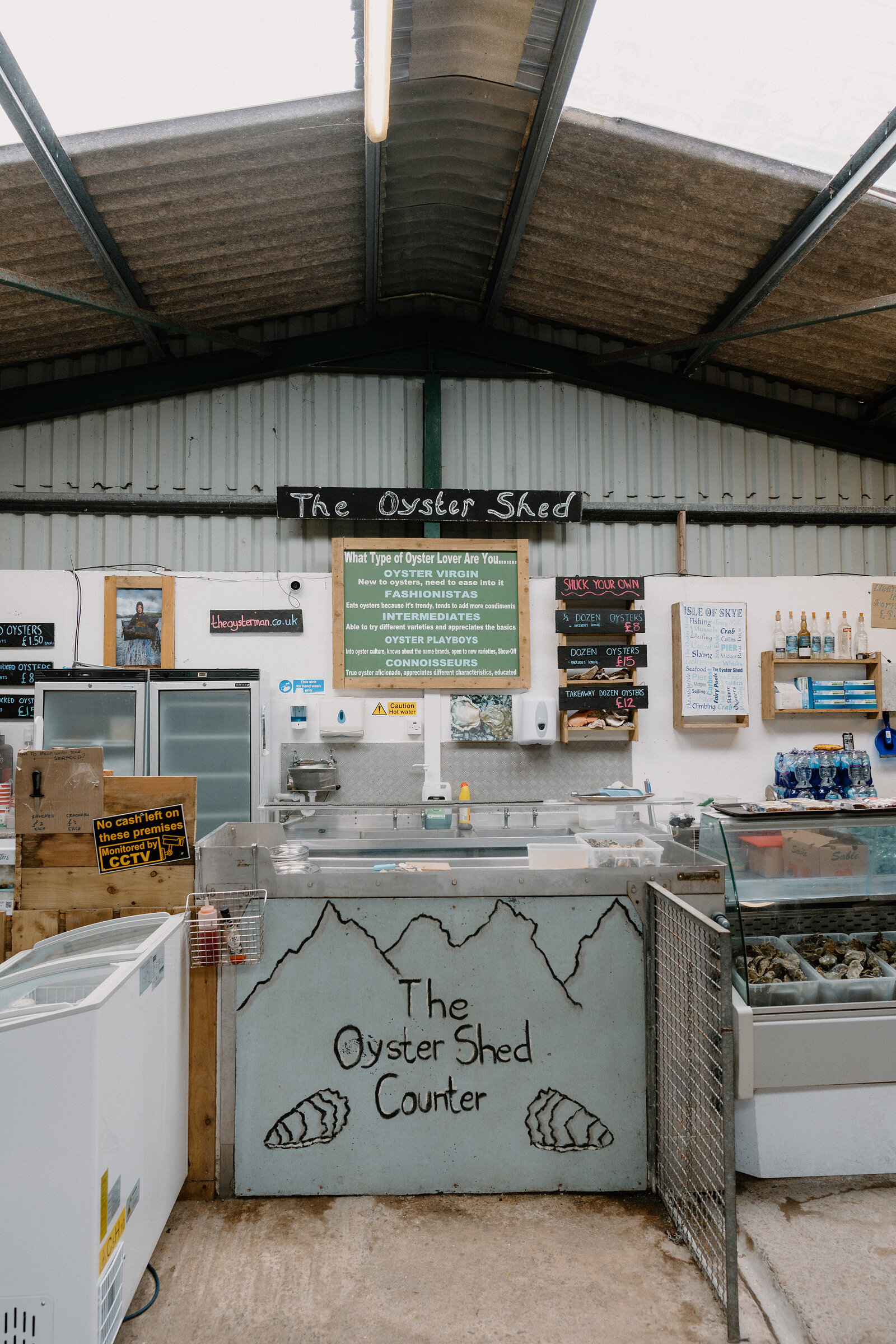 The Oyster Shed's counter is set into a corrugated barn interior, its own hand-painted sign and a mountain-outline mural above wire baskets of oysters.