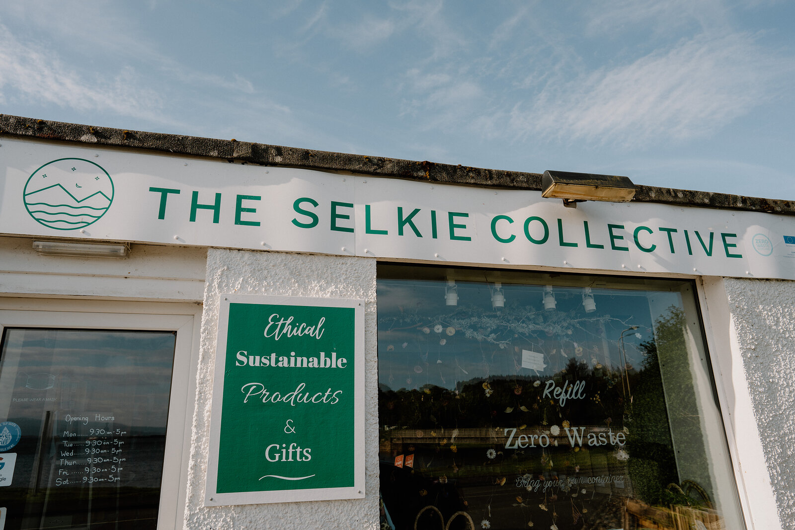 The Selkie Collective's shopfront sign reads Ethical Sustainable Products and Gifts, with Refill and Zero Waste lettered on the window.