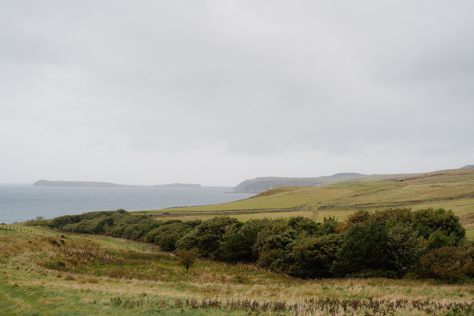 Grassy headland rolls down to a calm sea dotted with distant islands beneath an overcast sky.