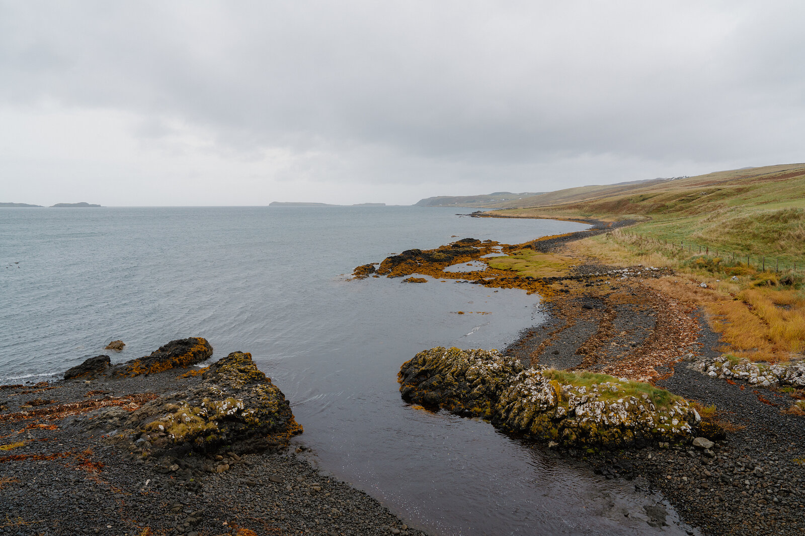 Rocky, seaweed-covered outcrops line a curving pebble shore beneath a grey sky.