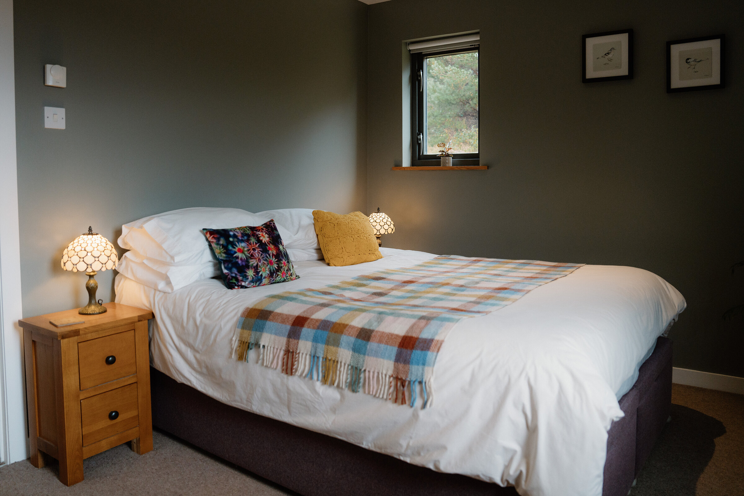 The bedroom: a bed with a tartan throw and embroidered cushions against an olive-green wall, a lamp on the bedside table.