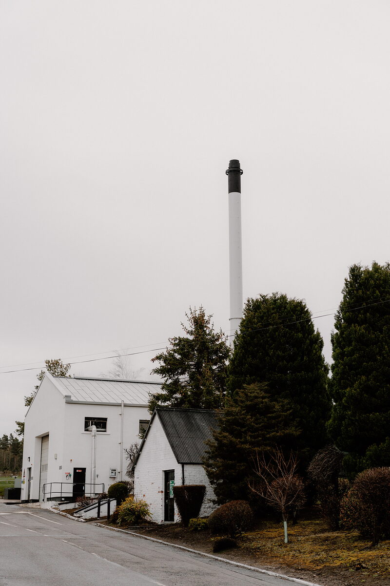 A white distillery building with a tall chimney stack stands behind evergreen trees at Cardhu.