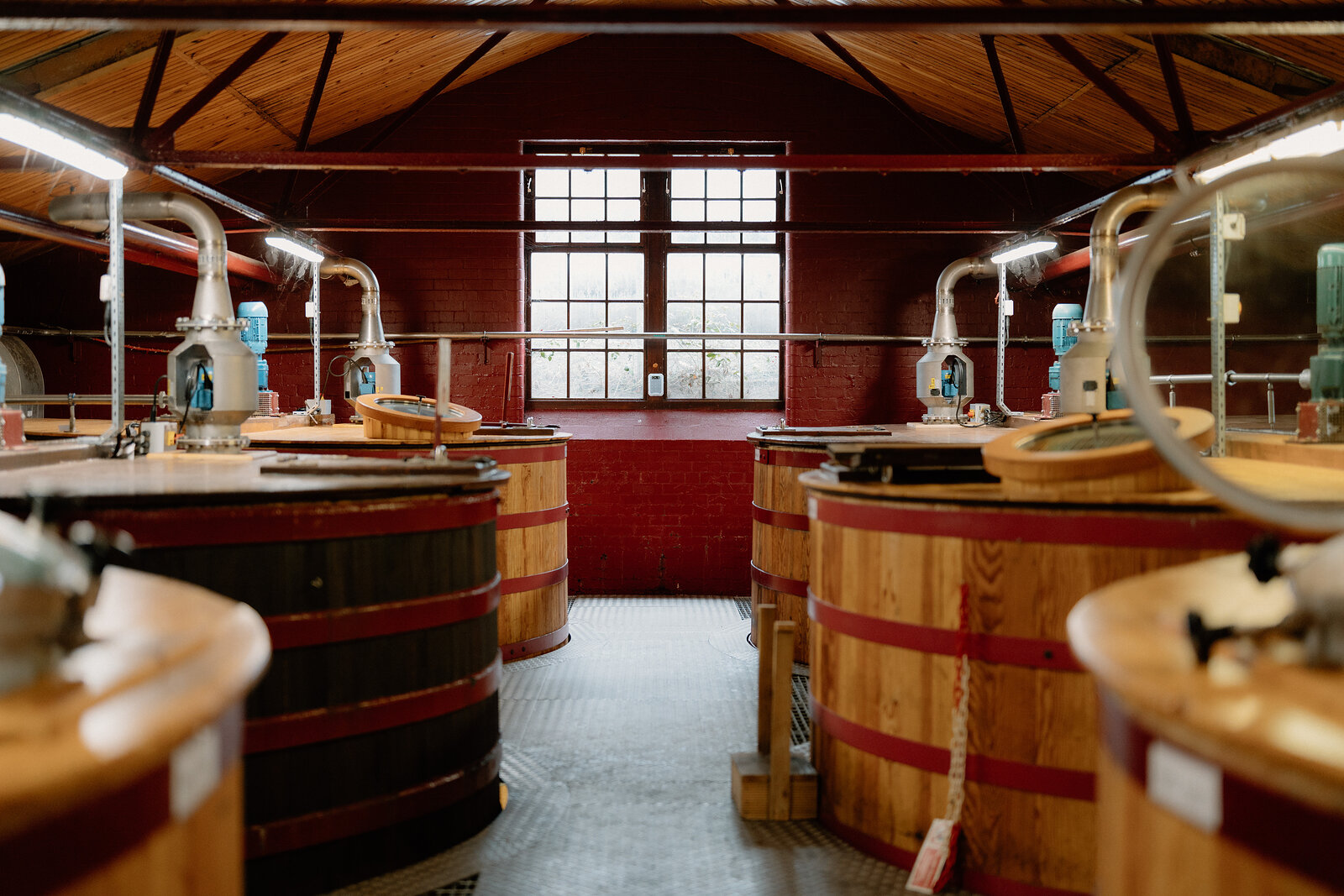 Rows of red-banded wooden washbacks fill a red-walled fermentation hall at Glenkinchie.
