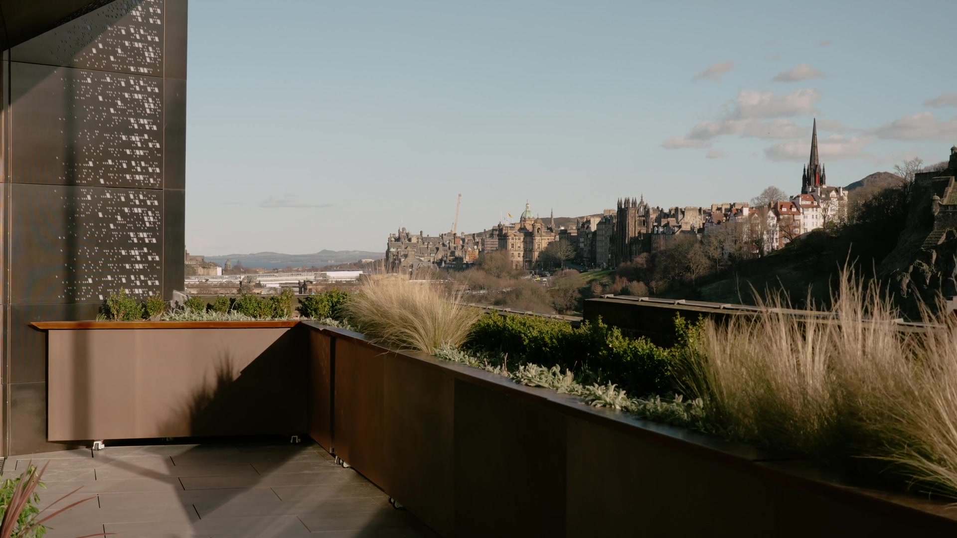 A rooftop terrace overlooking Edinburgh's Old Town spires from the Johnnie Walker Experience