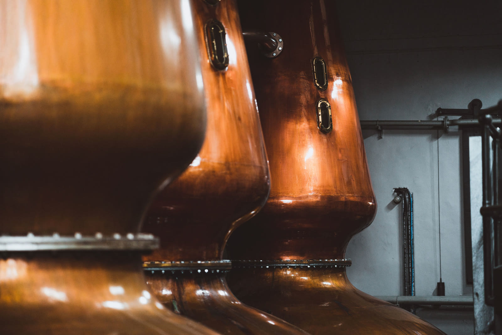 Copper stills inside the Jura Distillery.