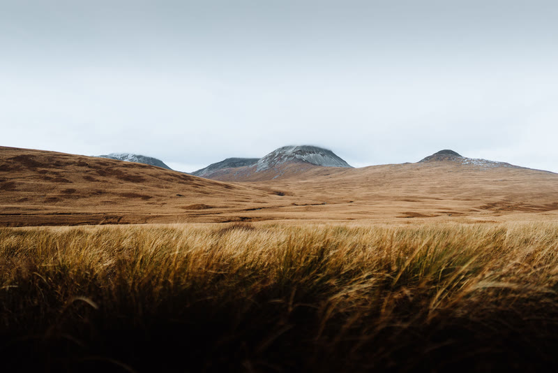 The Paps of Jura in the distance beyond a sweep of tawny moor grass.