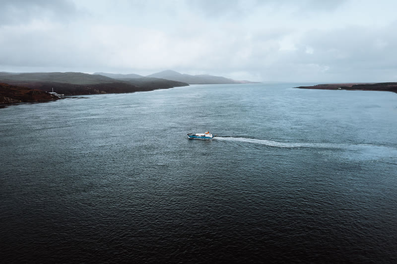 The small Jura ferry crossing the Sound of Islay, seen from the air.