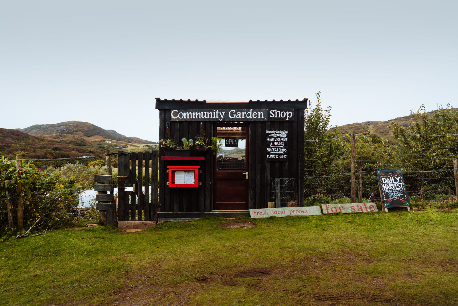 The Community Garden Shop at Kilchoan with the hills of Ardnamurchan behind.