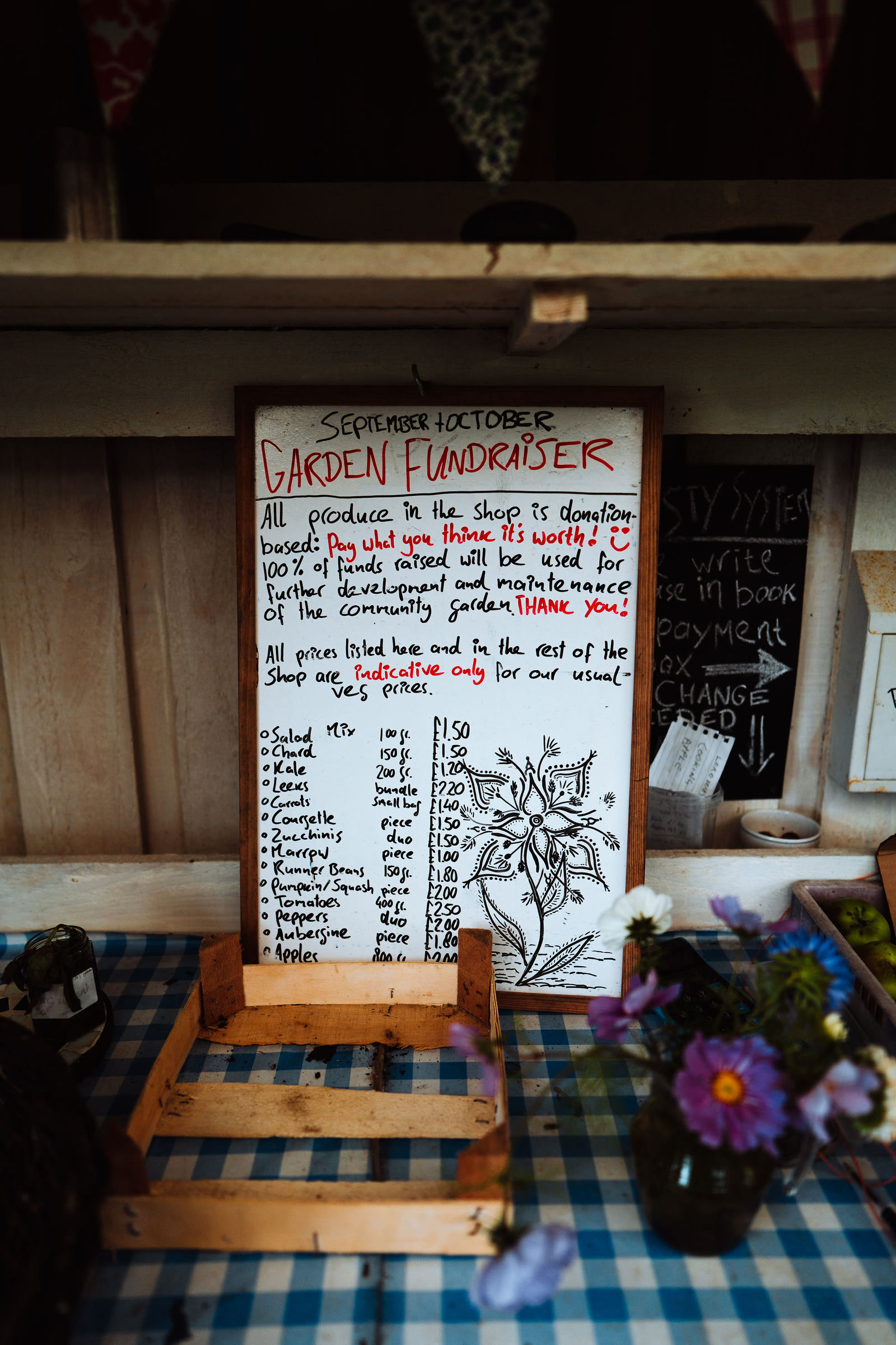 A handwritten price list on the table in the Community Garden Shop at Kilchoan.