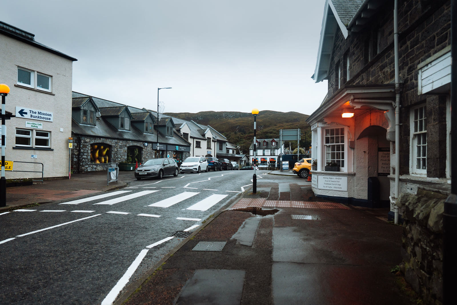 The main street in Mallaig on a wet day.