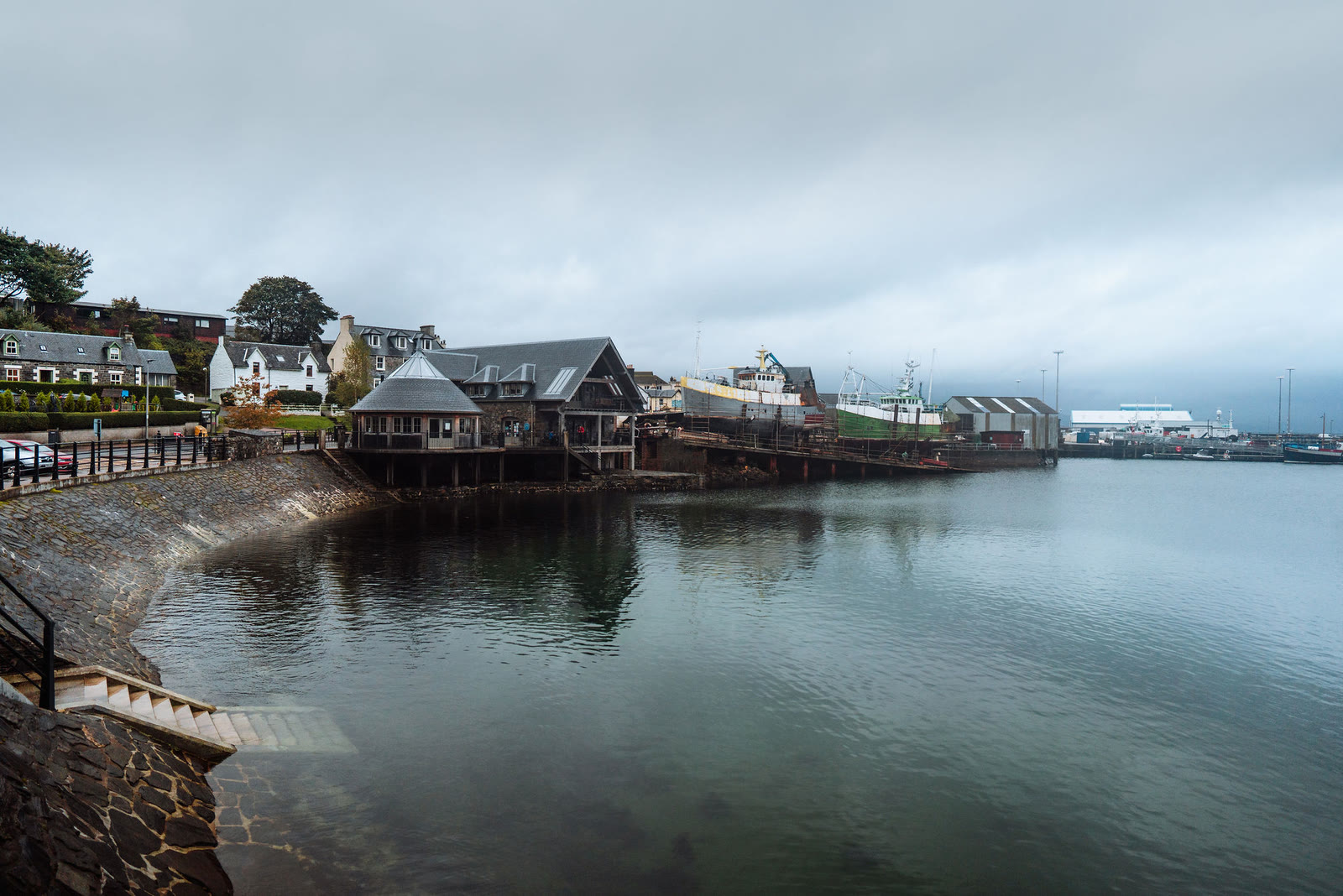 Mallaig's waterfront curving round the harbour.