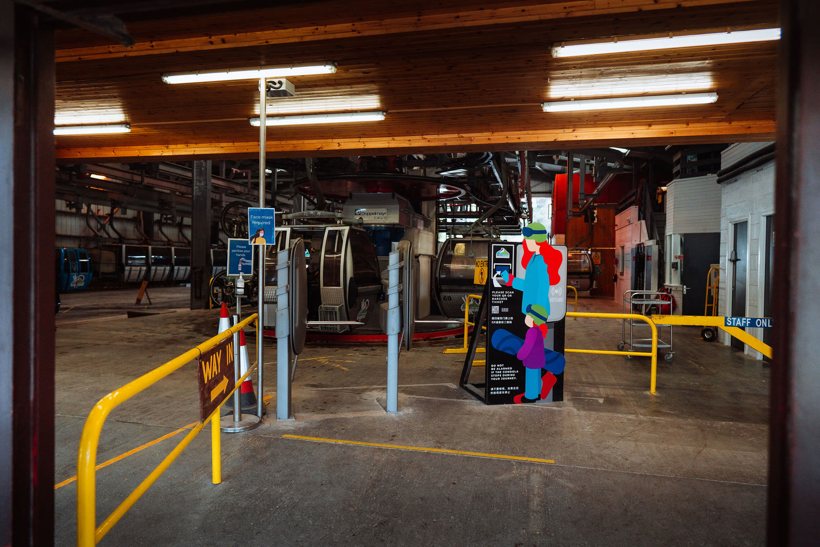 Inside the gondola station at Nevis Range, where the cars come round to load.