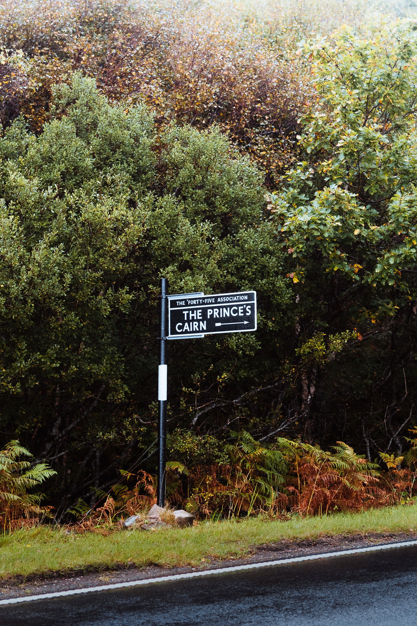 The roadside sign for the Prince's Cairn on the road to Mallaig.