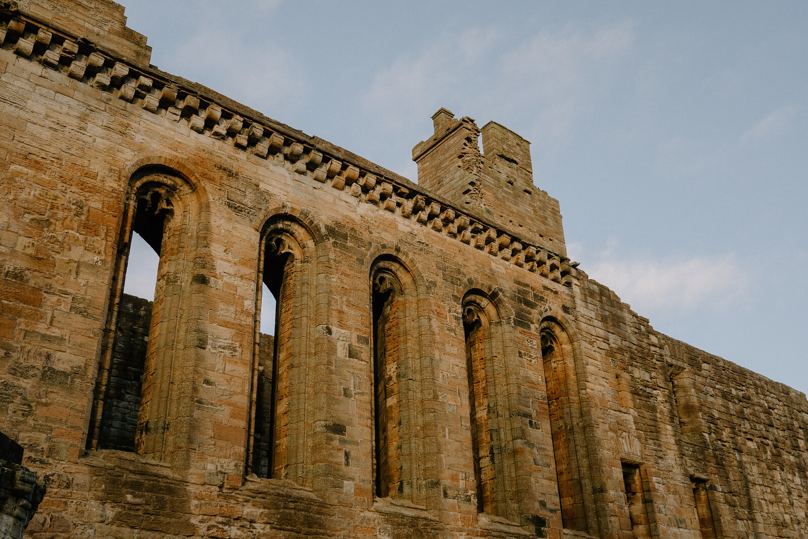 A ruined sandstone abbey wall with arched windows and a corbelled cornice rises against a clear sky, a square tower behind.