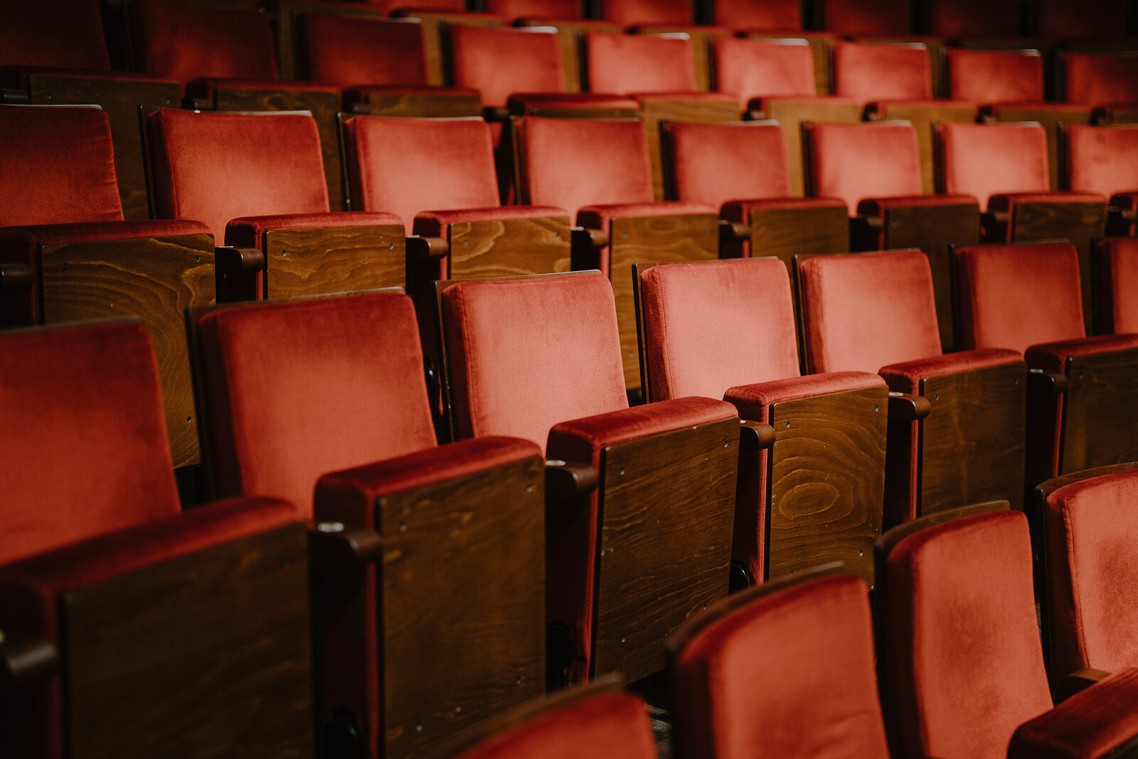 Rows of red velvet theatre seats with dark wood frames are seen from above, receding across the auditorium in warm light.