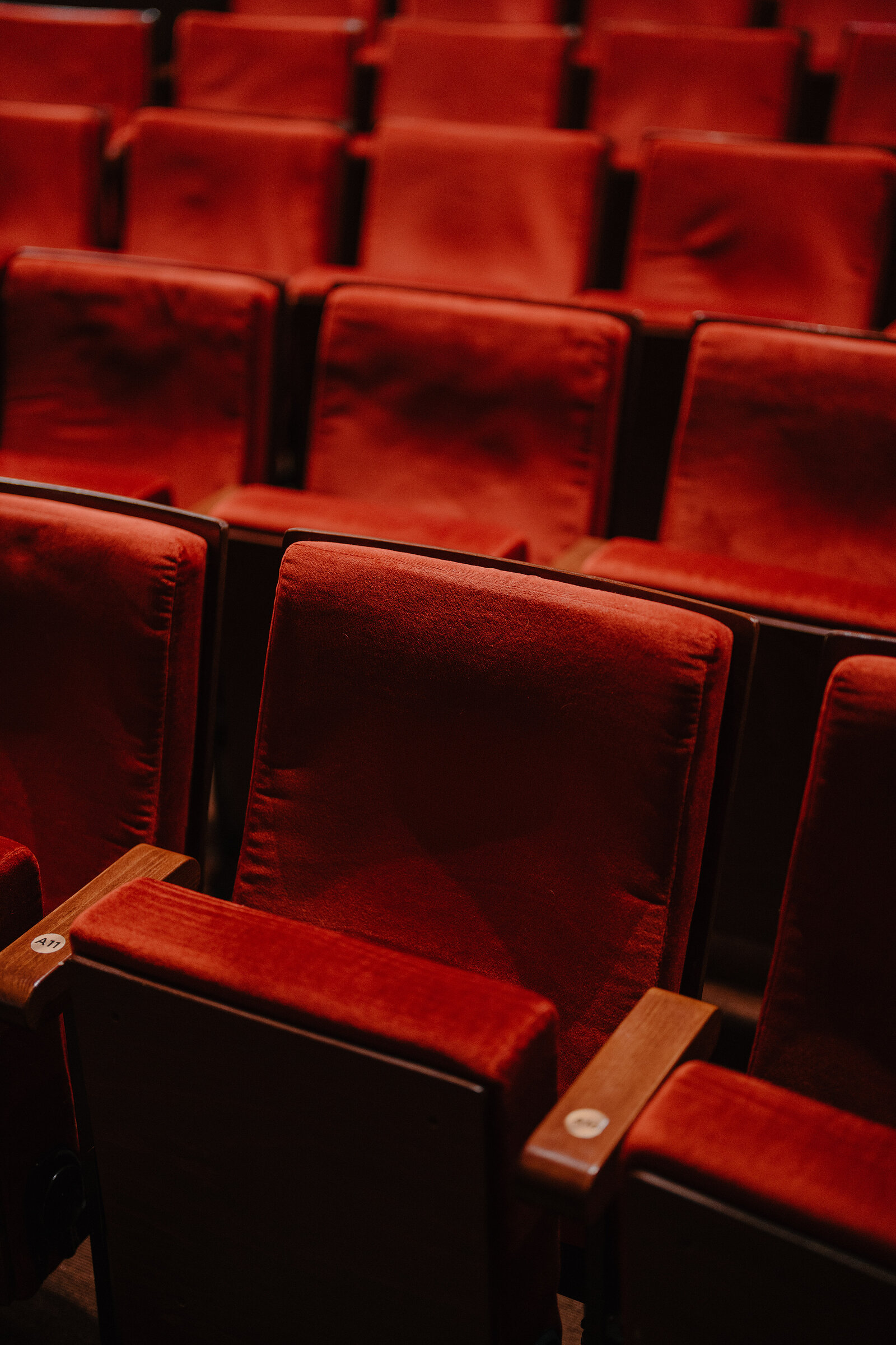 Rows of red velvet theatre seats with wooden armrests and numbered discs are seen close up under warm lighting.