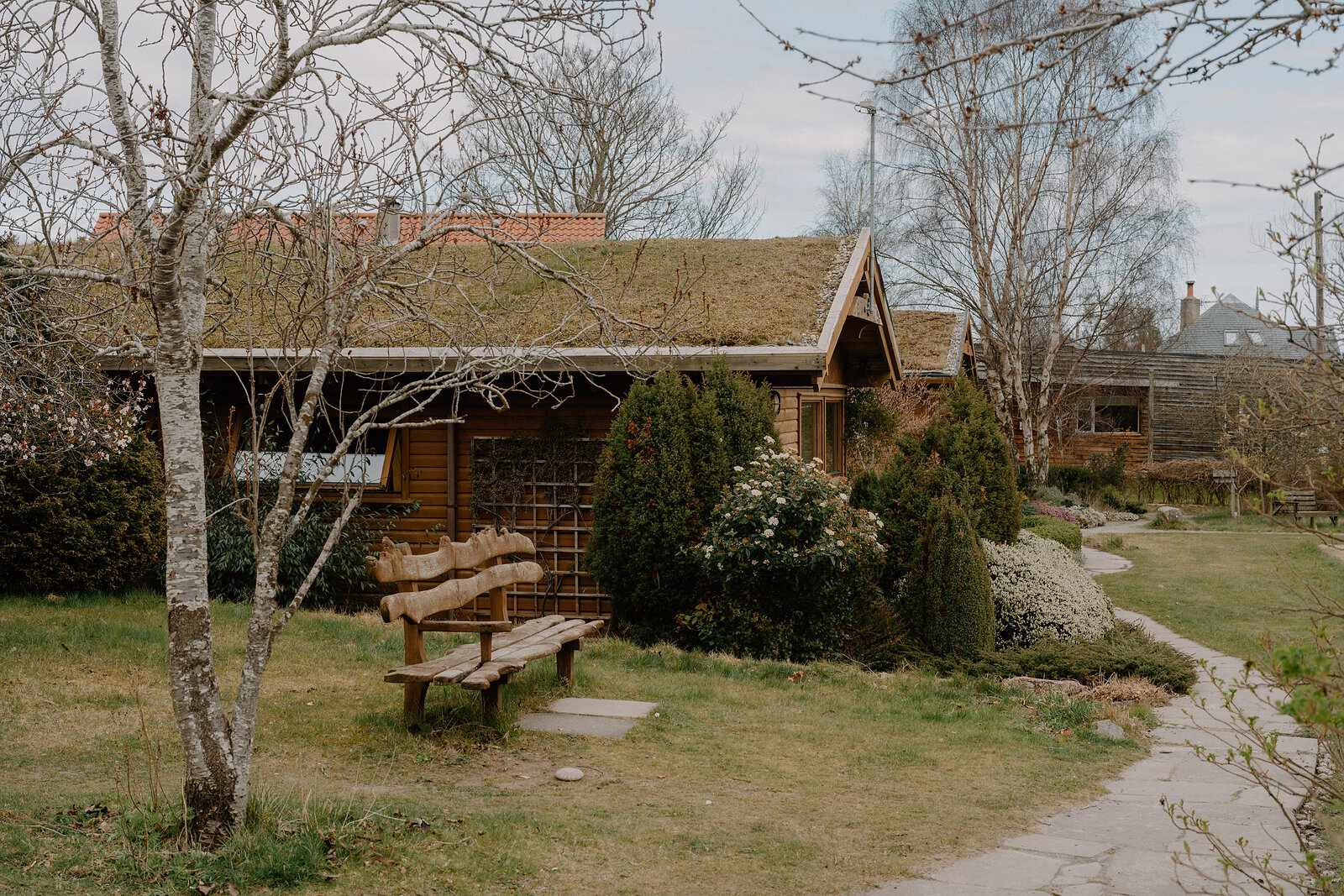 A wooden bench sits on a garden path beside a turf-roofed building at the Findhorn Foundation, Moray.