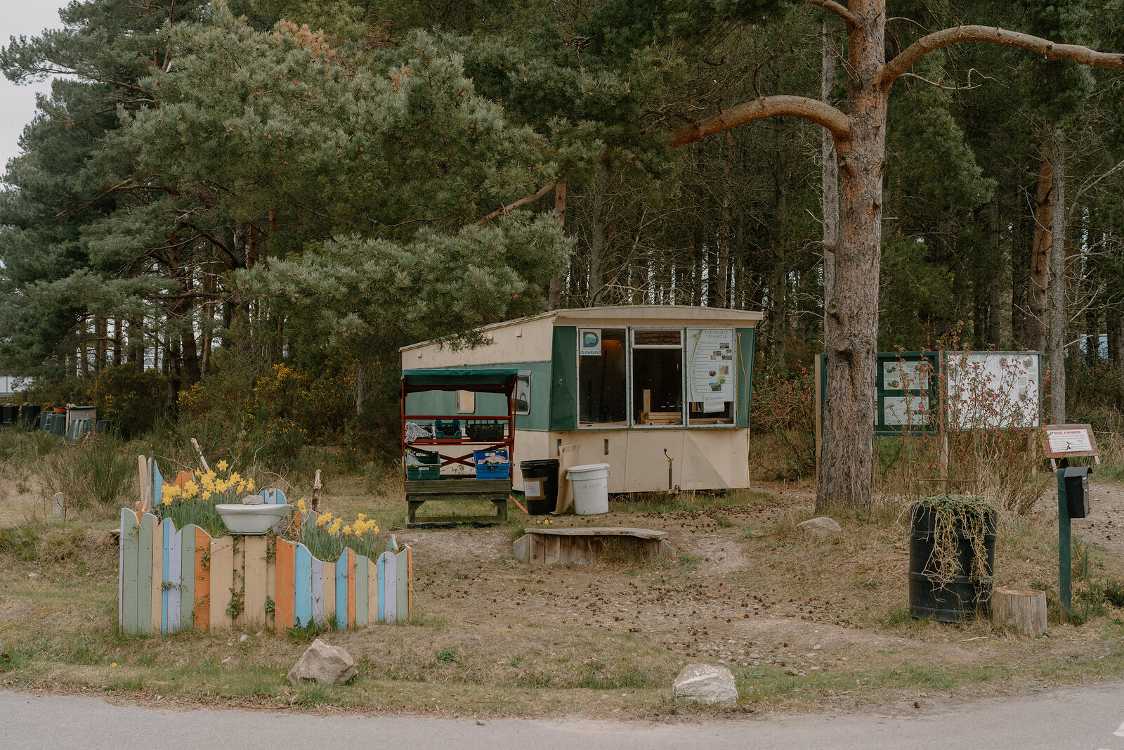 A converted caravan kiosk sits among pine trees at the Findhorn Foundation, Moray.