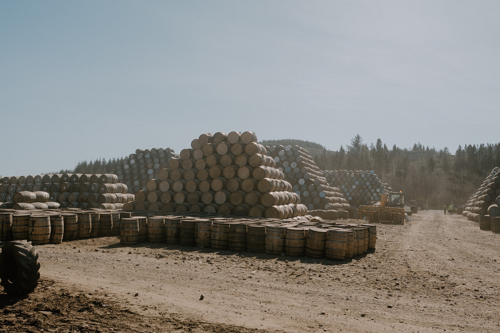 Vast pyramids of stacked casks fill Speyside Cooperage's outdoor yard, forested hills beyond.