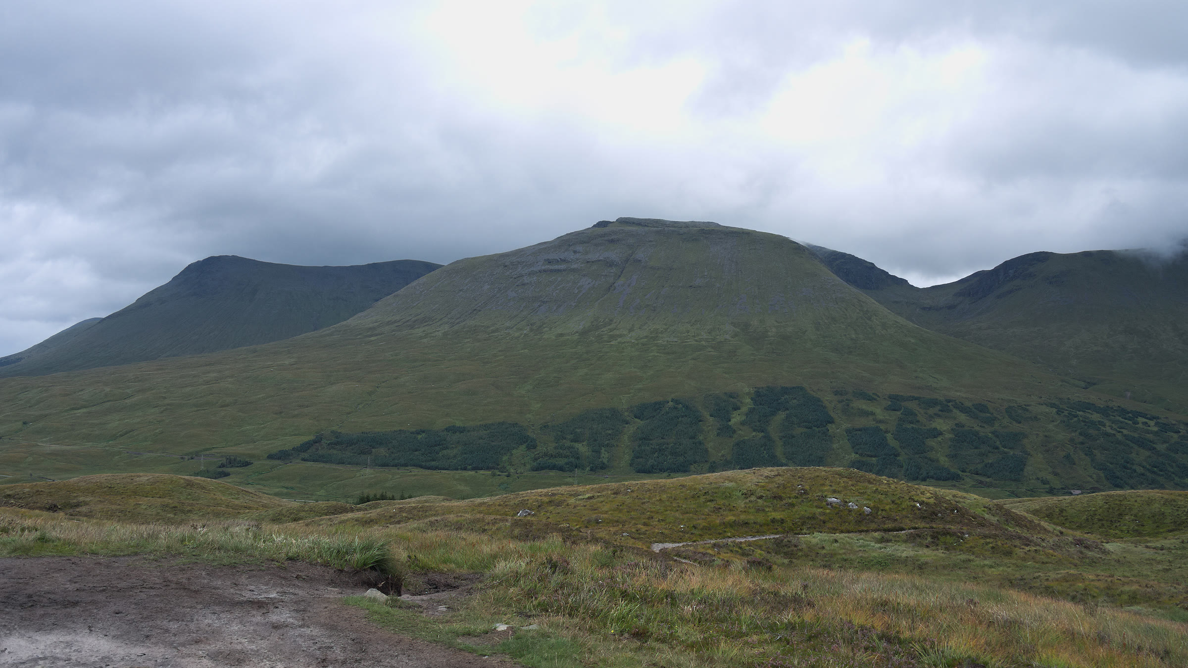 Cloud-capped Beinn Achaladair, Beinn an Dothaidh and Beinn Dorain, looking east from the West Highland Way north of Bridge of Orchy.