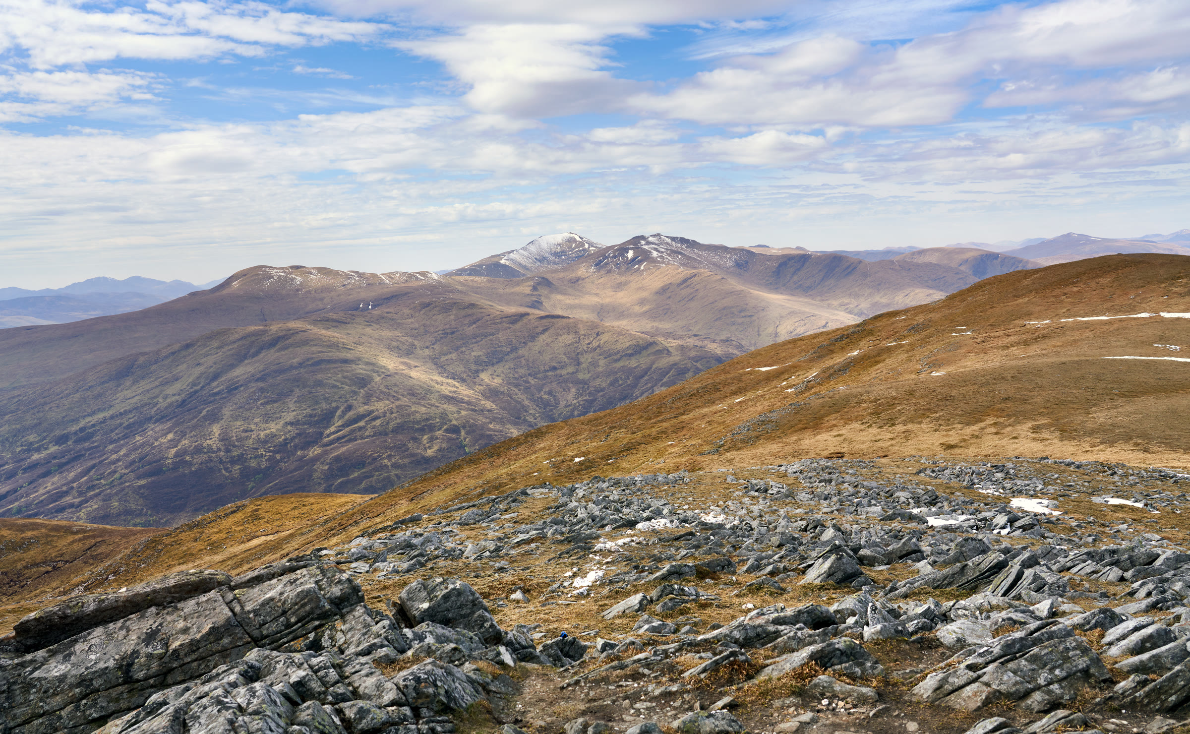 Looking from Meall na Aighean to Ben Lawers, Meall Greigh and Meall Garbh, snow on the highest tops.