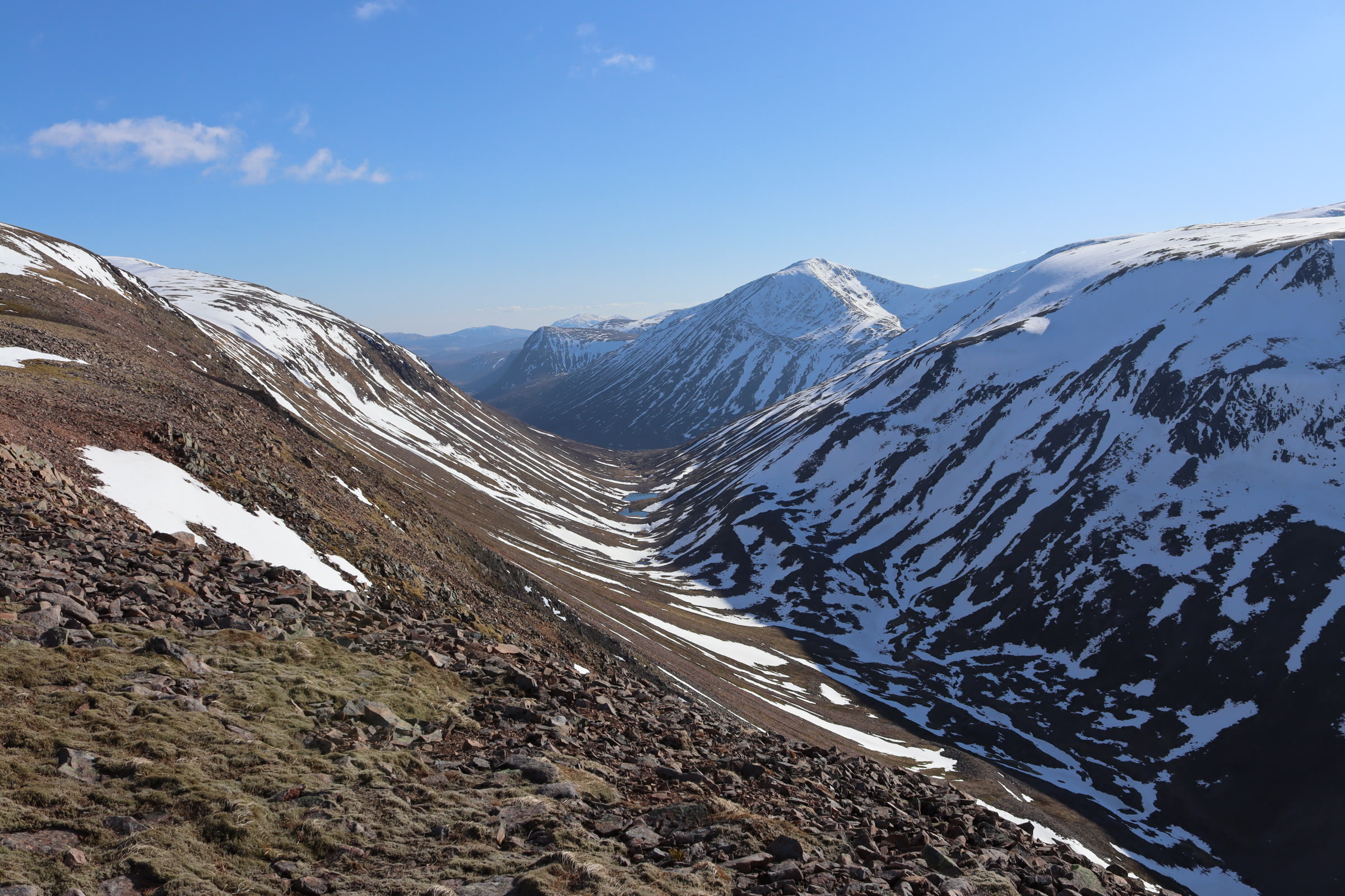The Lairig Ghru in late snow, Cairn Toul at its head and the Devil's Point below it.
