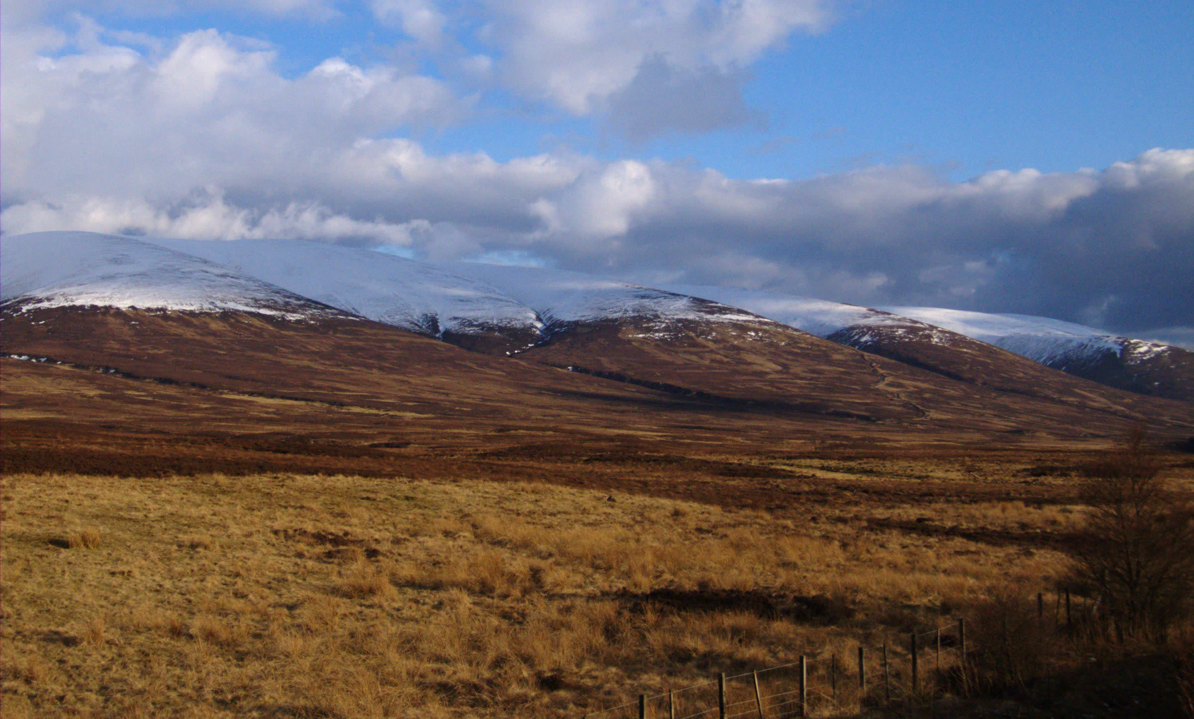 Càrn na Caim and its neighbours, snow on their tops, across the moor.