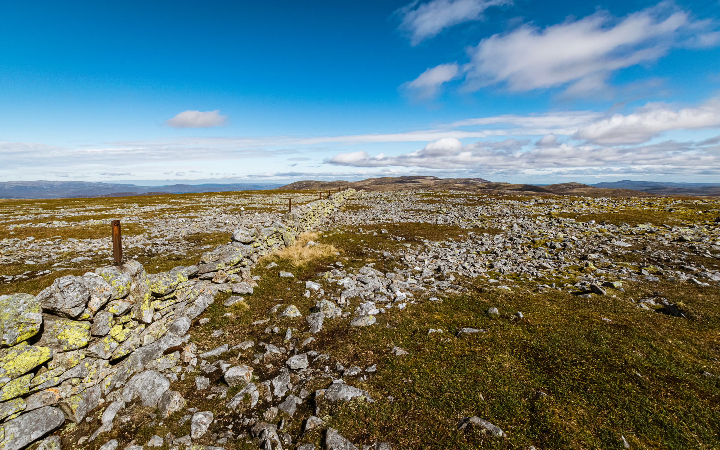 The old drystone wall running across the stony plateau of Cairn of Claise under a wide sky.