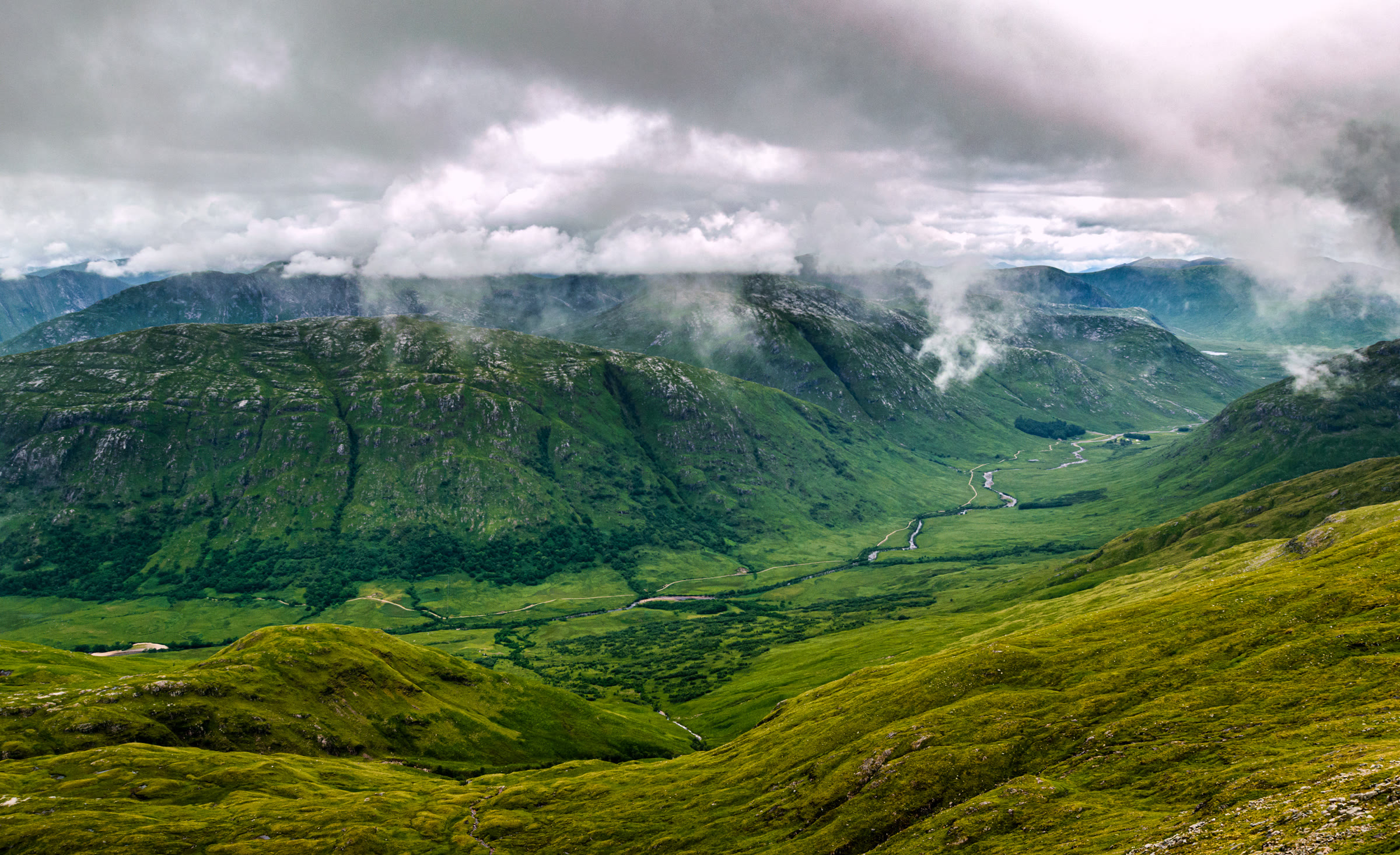 Looking down into Glen Kinglass from Beinn Eunaich, cloud on the far hills.