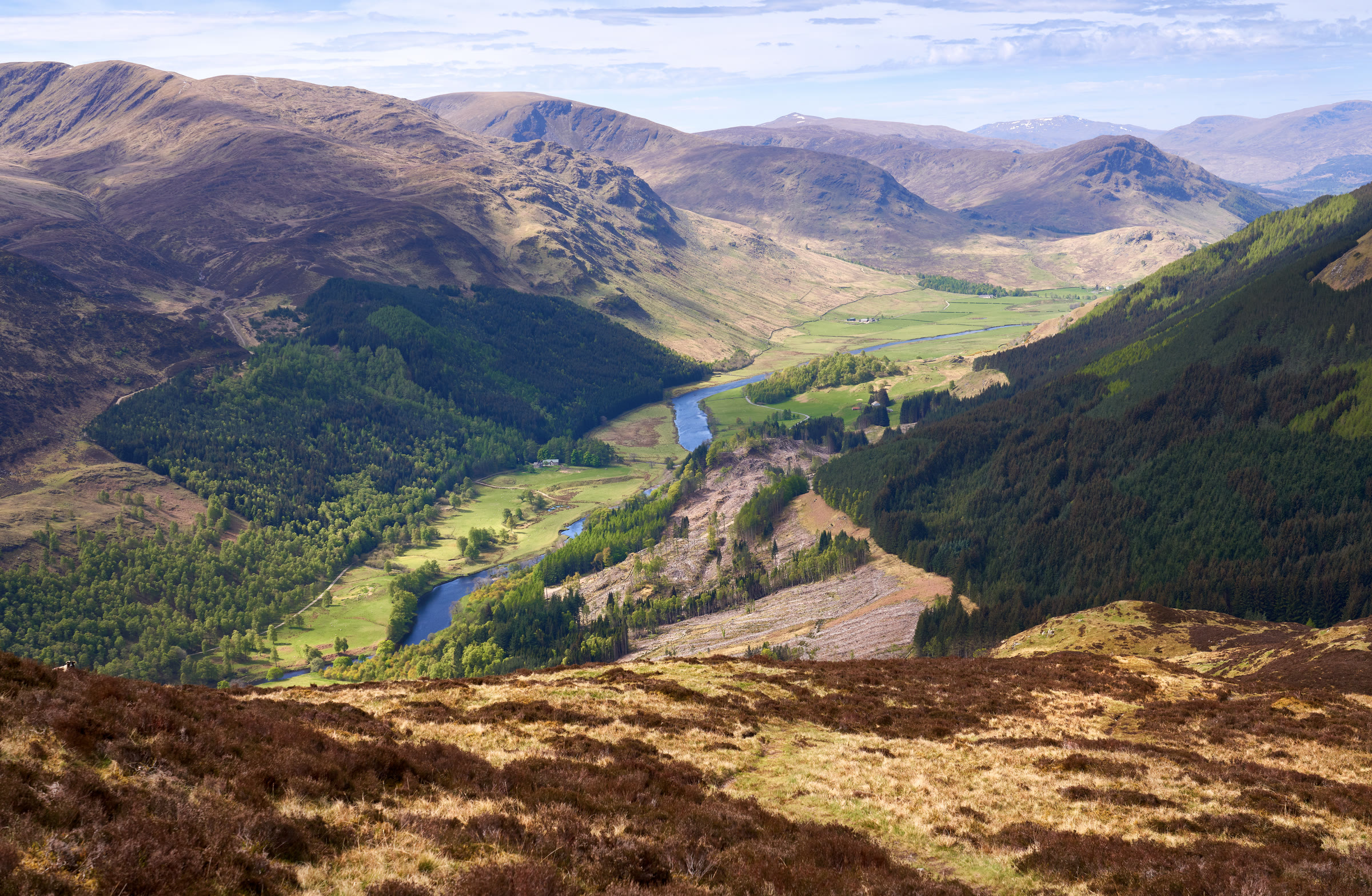 The River Lyon winding through Glen Lyon at Invervar, seen from high on Meall na Aighean.