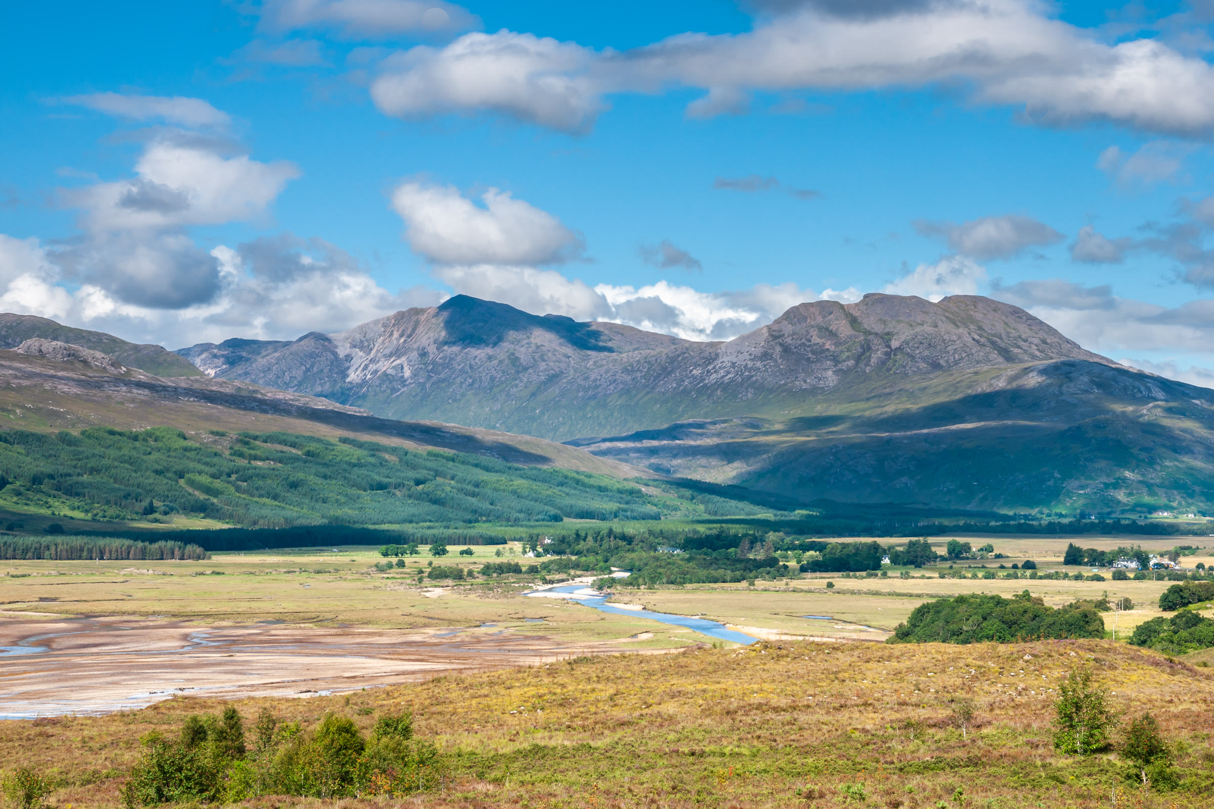 Sgòrr Ruadh and Fuar Tholl above the flats at the head of Loch Carron.