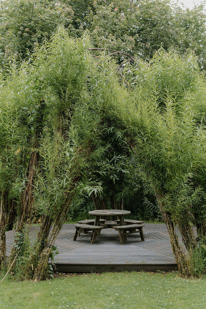 A shelter in the woodland garden.