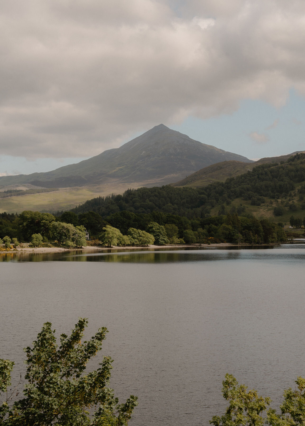 Schiehallion's cone rises under heavy grey cloud above a calm loch and a wooded shore, in an upright frame with leafy branches in front.